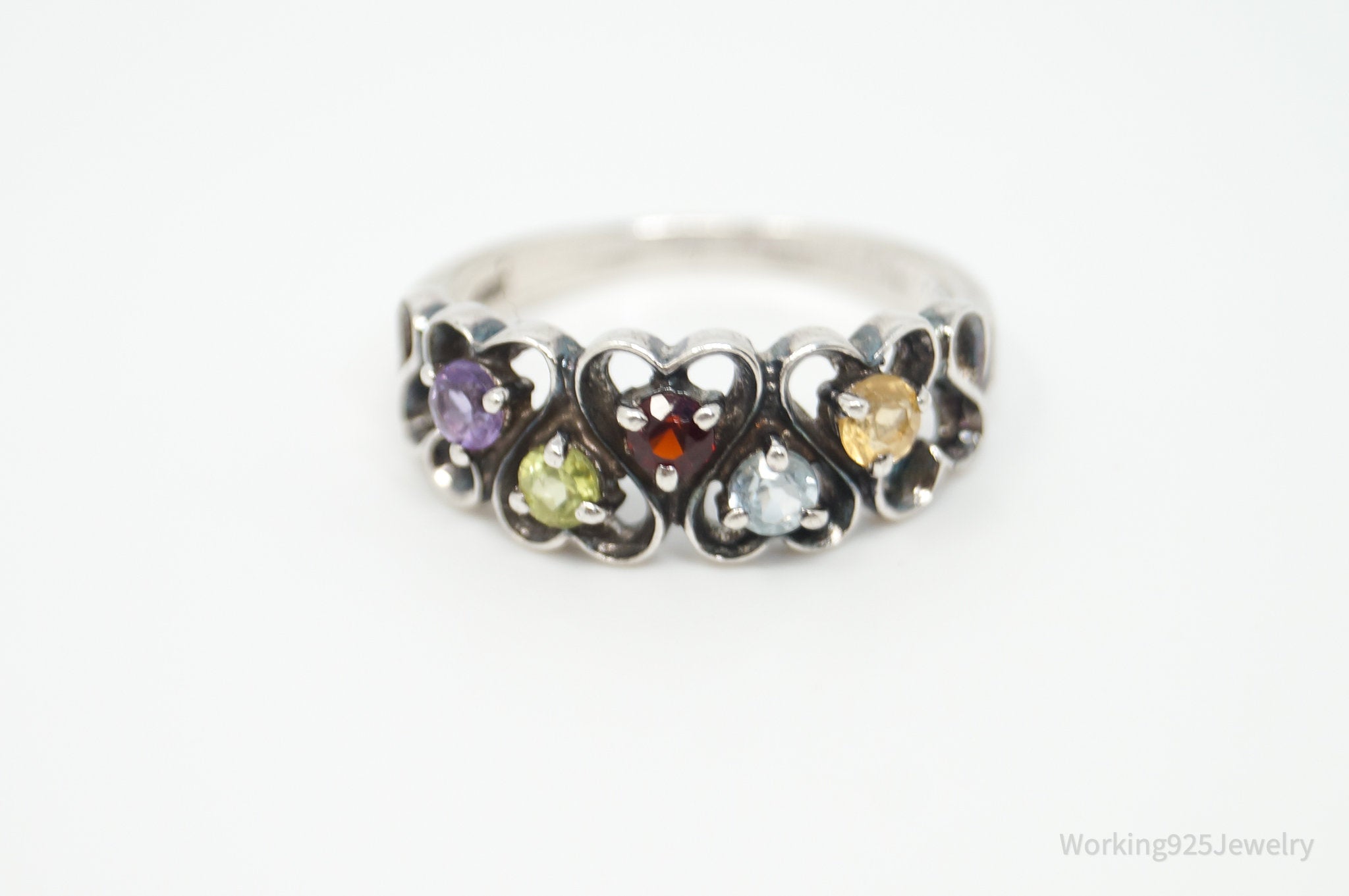 Vintage Designer Multi Gem Open Hearts Sterling Silver Ring - Size 8