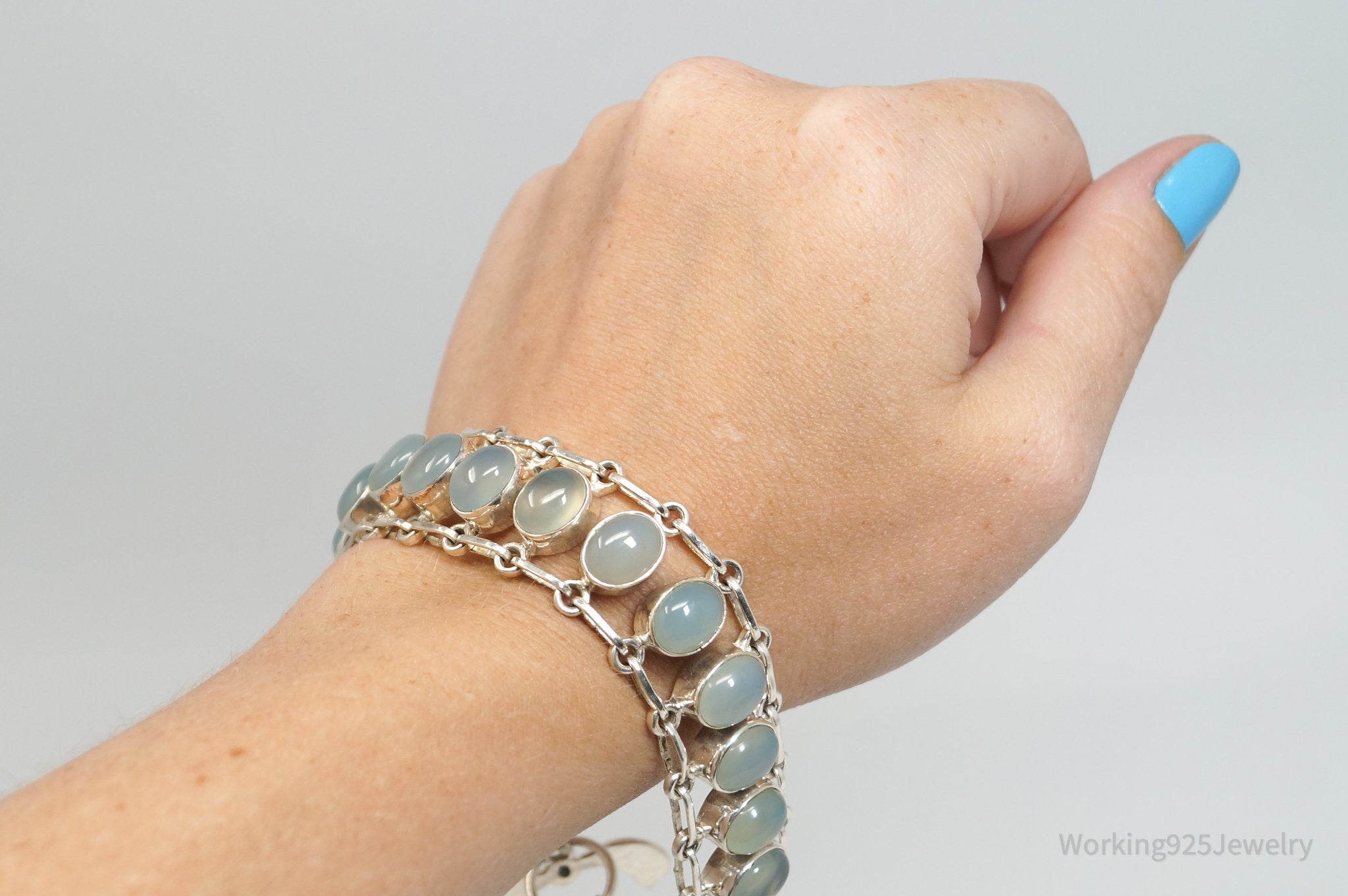 Vintage Bali Style Chalcedony Sterling Silver Toggle Bracelet