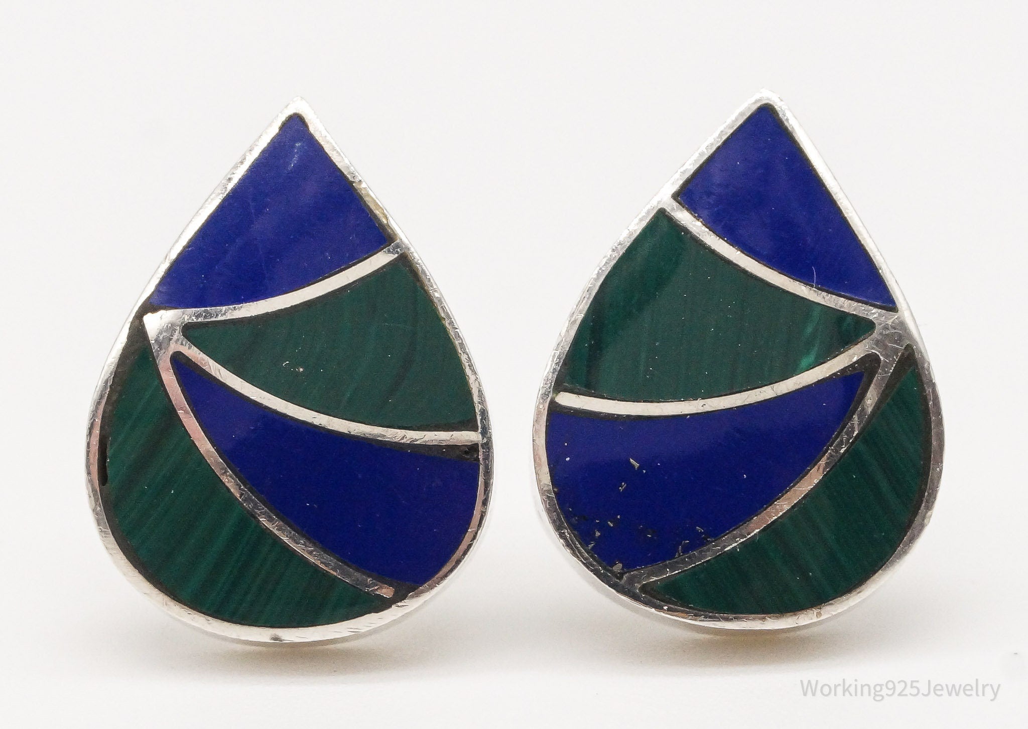 Vintage Lapis Lazuli Malachite 950 Silver Earrings