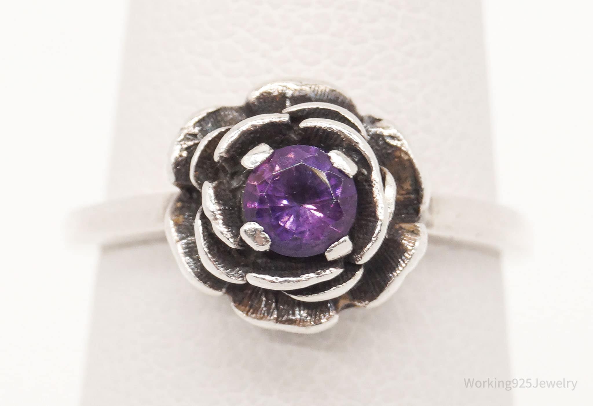 Vintage Amethyst Flower Sterling Silver Ring - Size 4