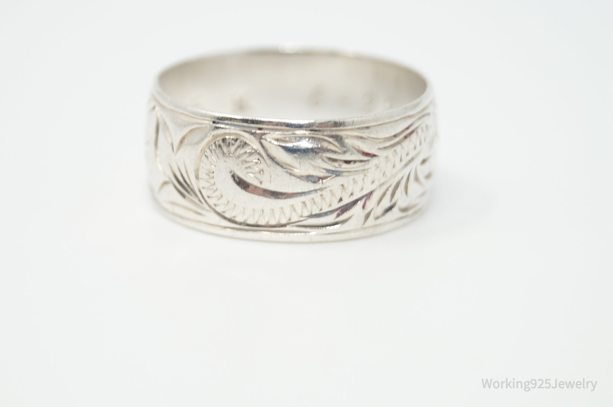 Vintage Designer Art Nouveau Floral Etched Sterling Silver Band Ring - Sz 10.75