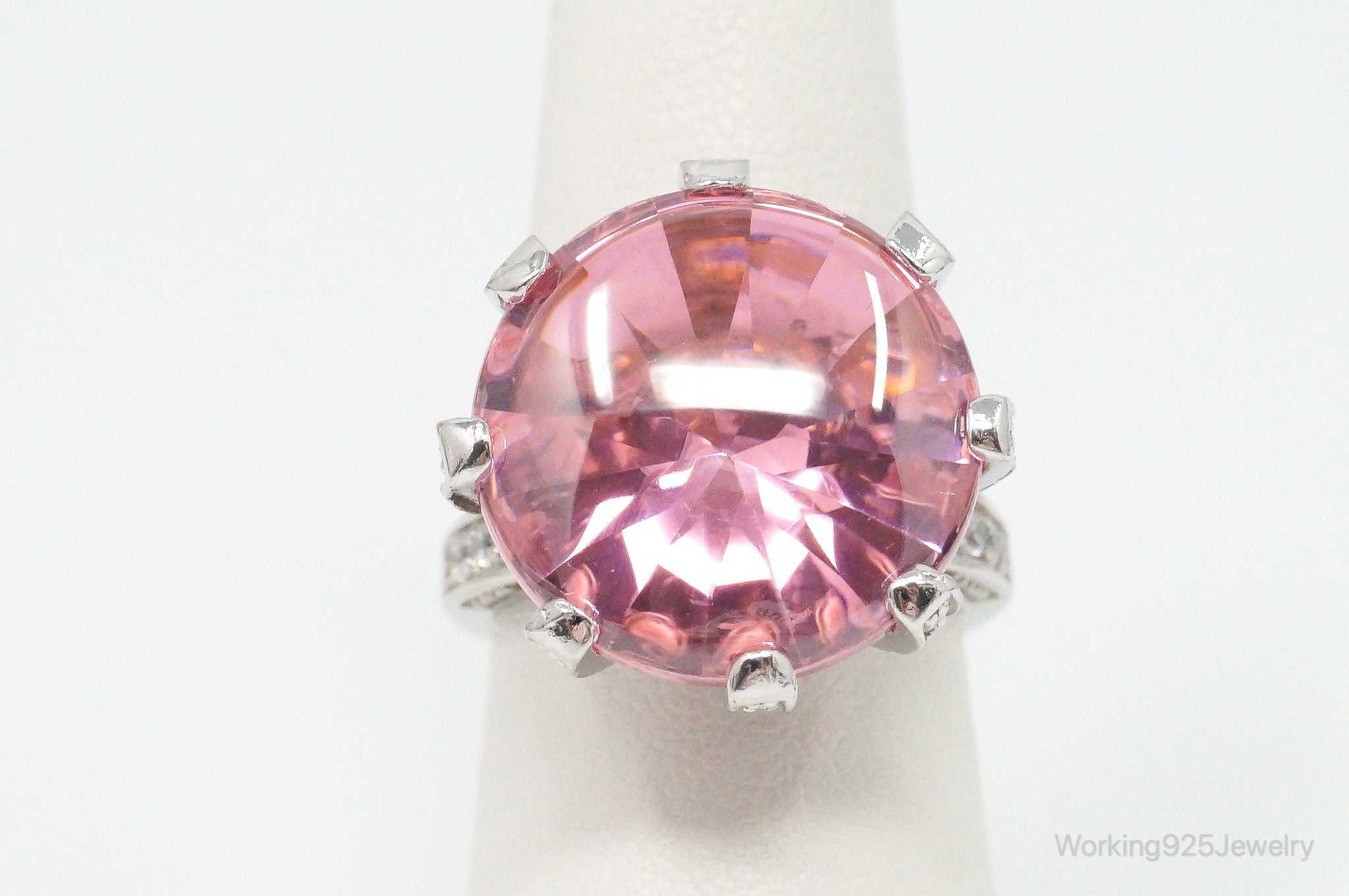 Designer Large Pink Art Glass Cubic Zirconia Sterling Silver Ring Size 7