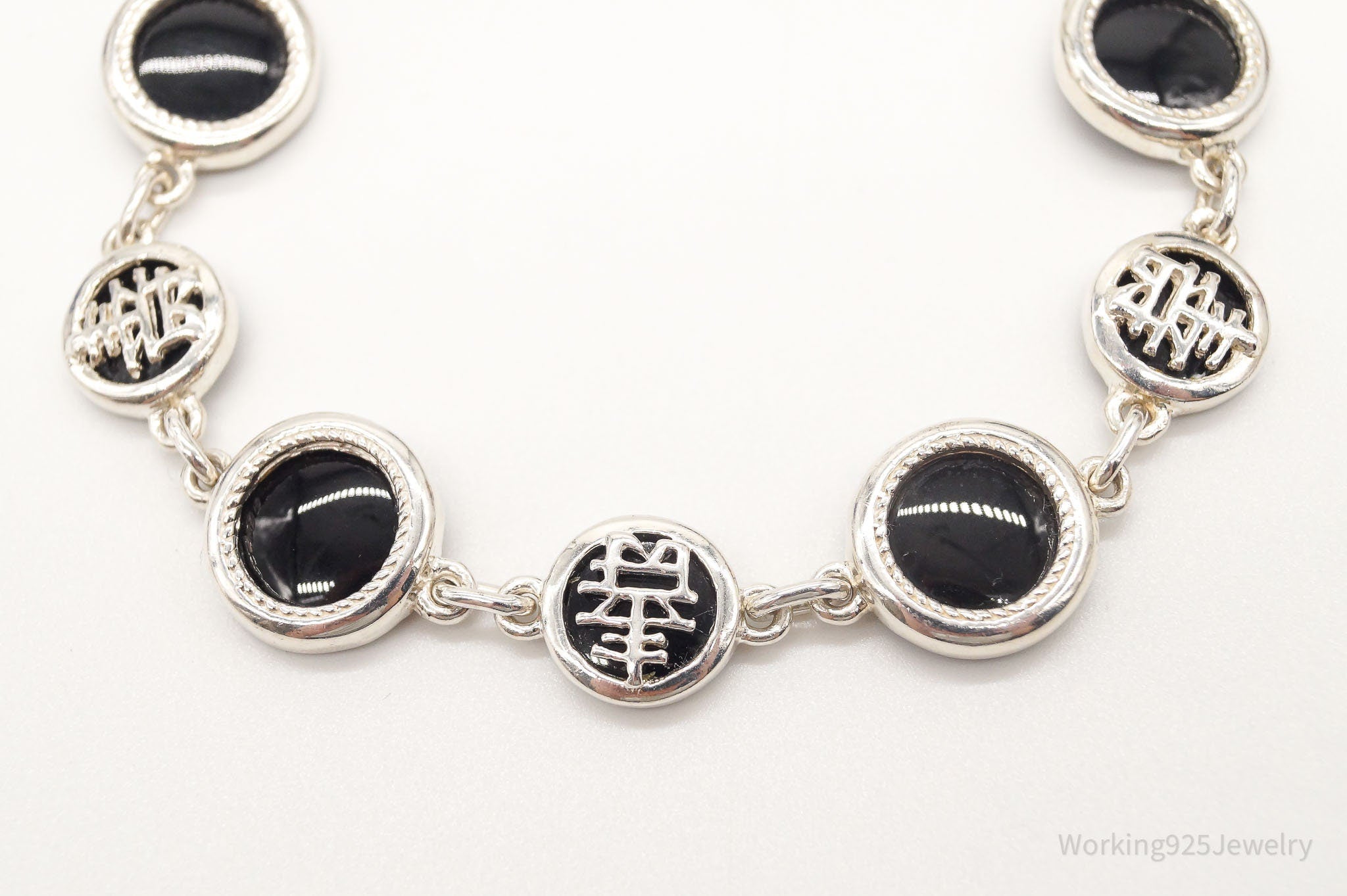 Vintage Black Onyx Good Fortune Sterling Silver Bracelet