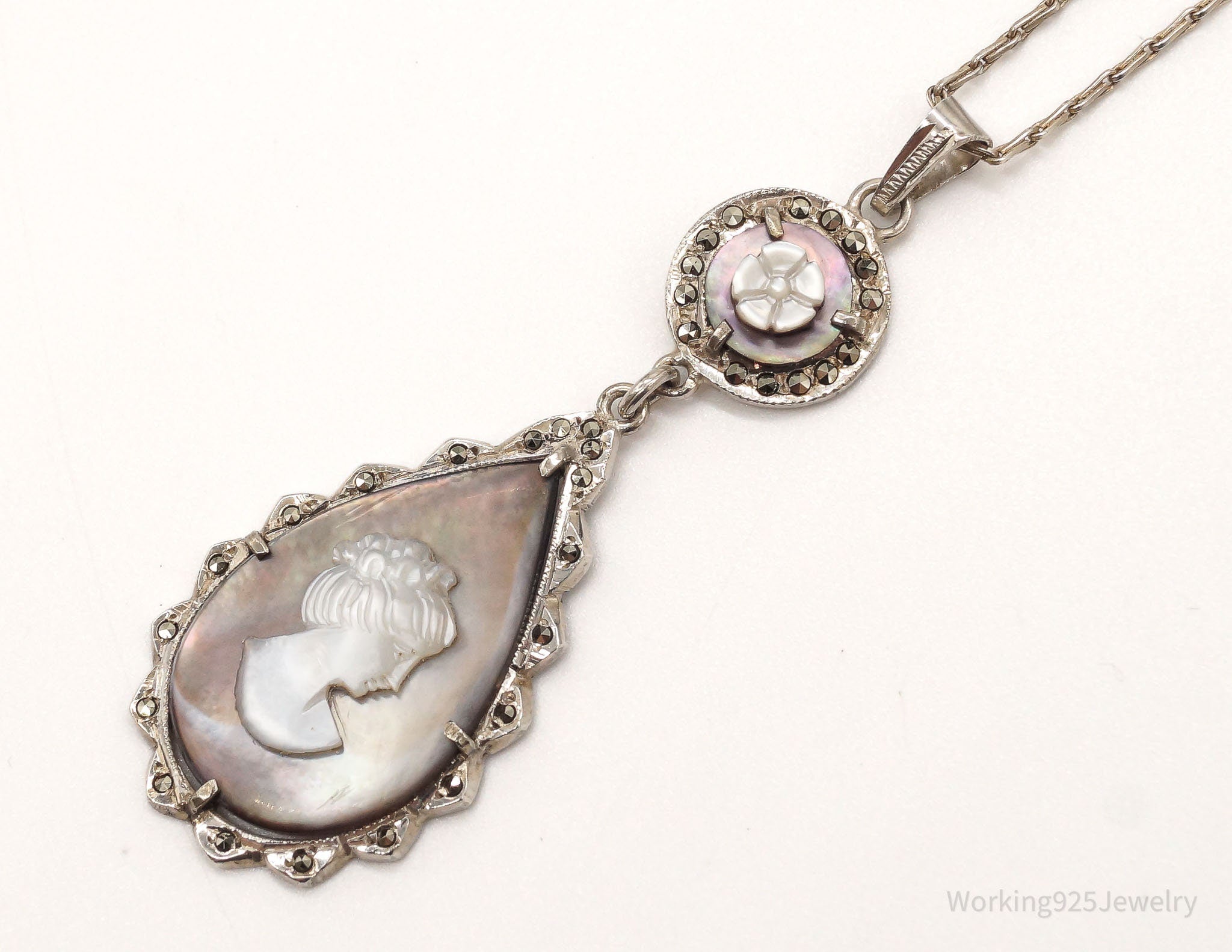 Antique Carved Mother Of Pearl Abalone Shell Lady Cameo 800 Silver Necklace