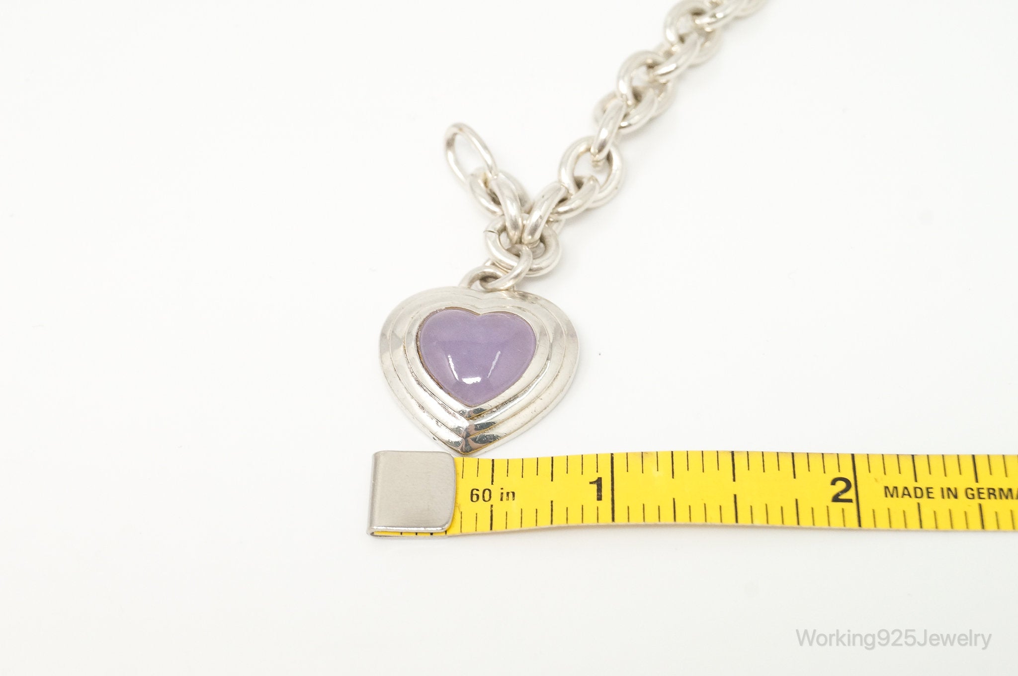 Designer CNA Purple Jade Heart Chain Link Sterling Silver Bracelet