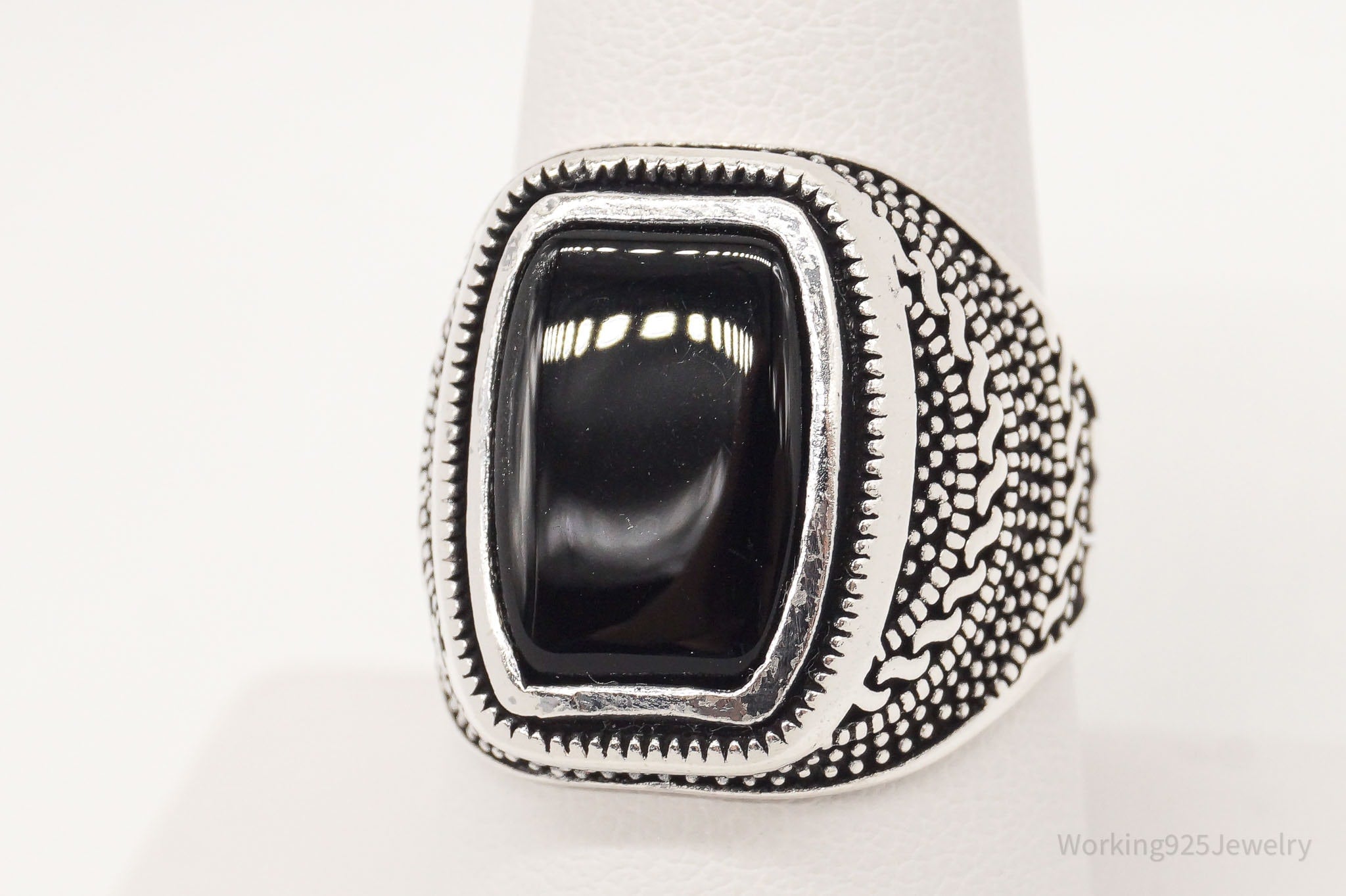 Vintage Bali Style Black Onyx Sterling Silver Ring - Size 8.25