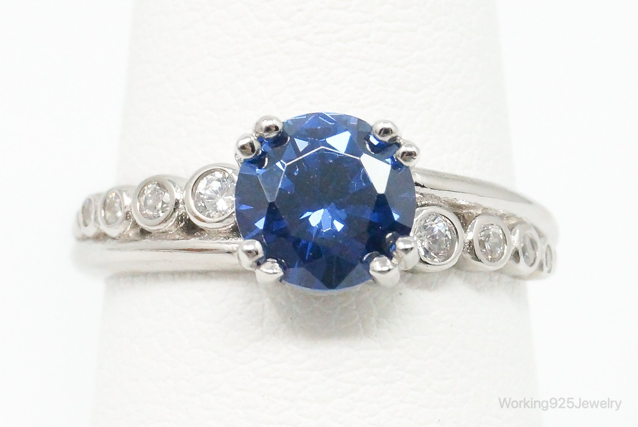 Blue & White Cubic Zirconia Sterling Silver Ring - Size 7