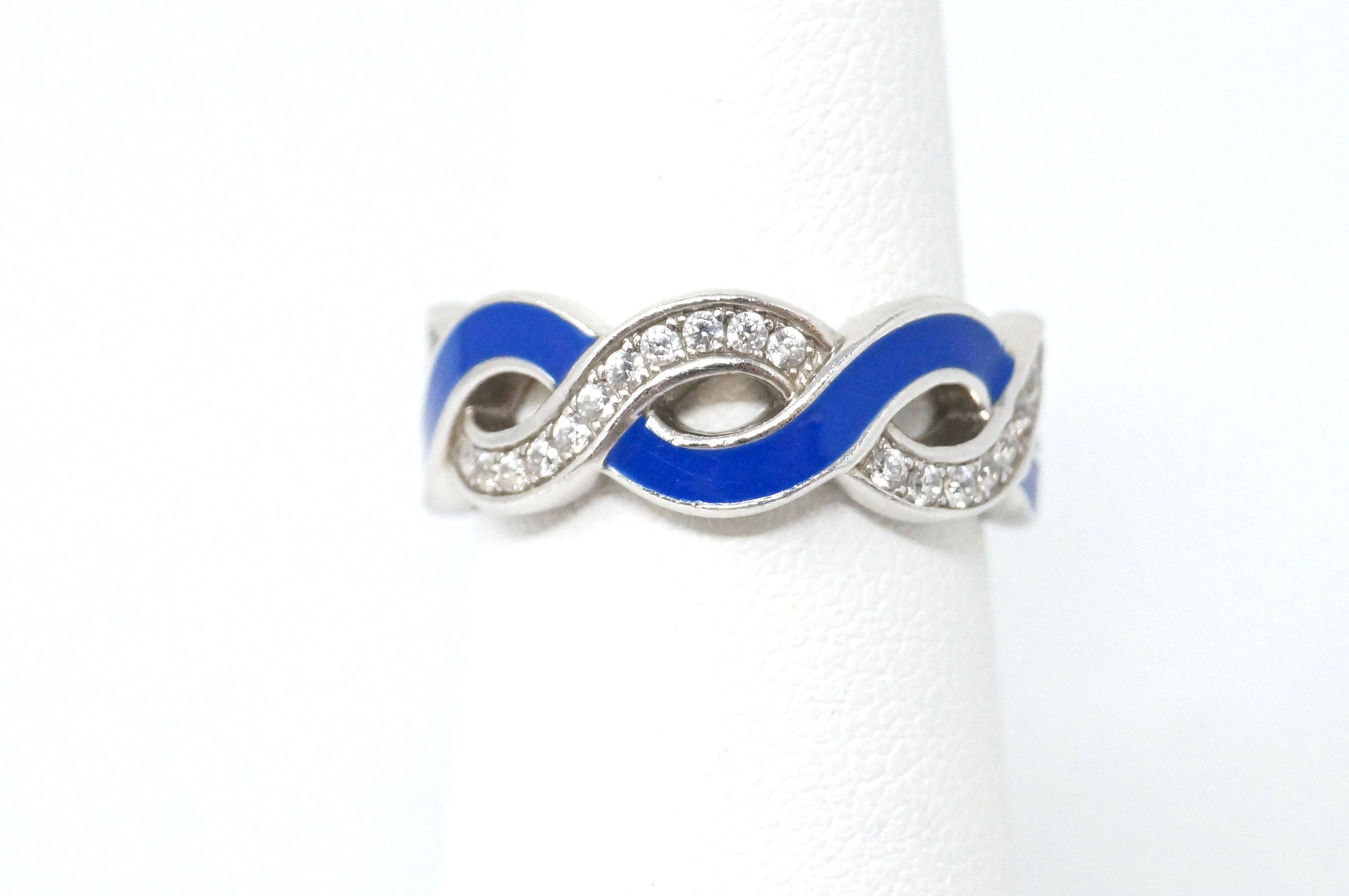 Designer Vintage Blue Enamel CZ Accented Sterling Silver Wave Ring - Size 5