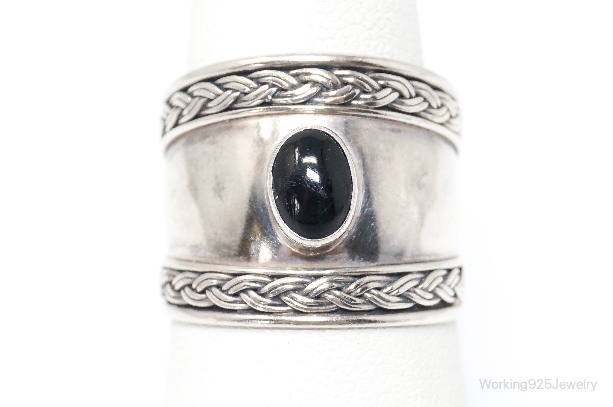 Vintage Bali Style Black Onyx Sterling Silver Ring - Size 7.5