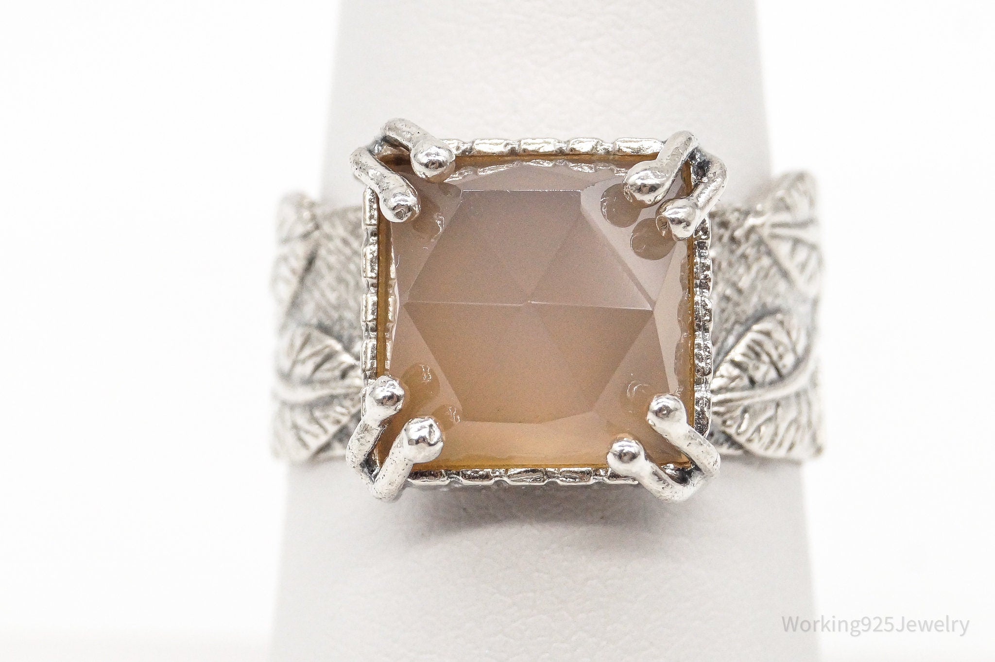 Designer Peach Chalcedony Leaves & Vines Sterling Silver Ring - Size 7.25