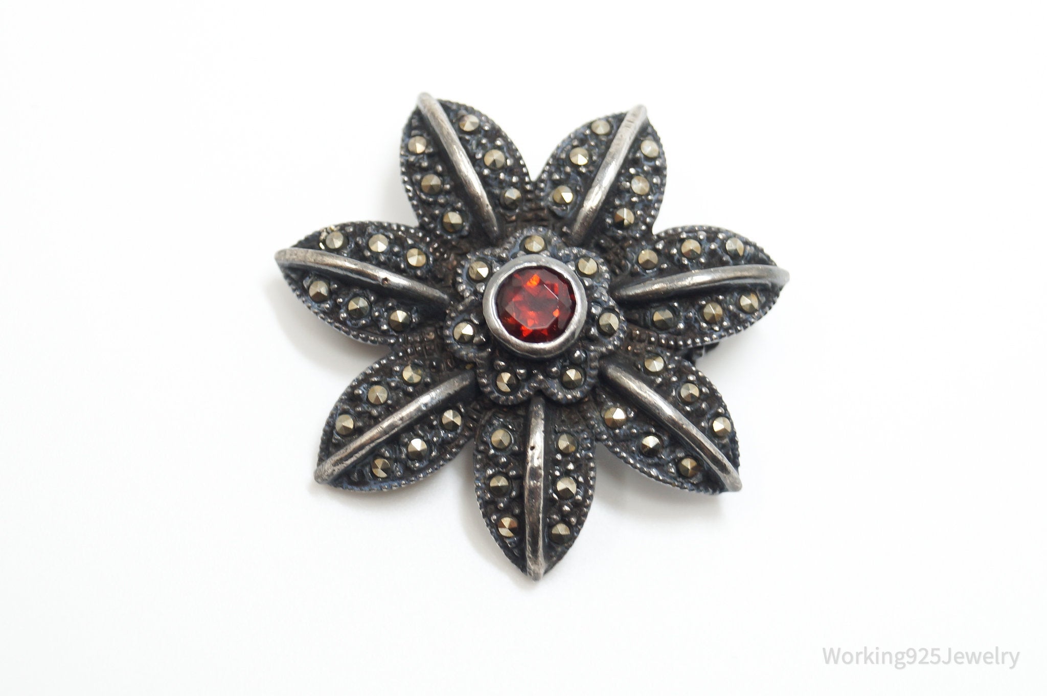 Vintage Garnet Marcasite Art Deco Style Floral Sterling Silver Brooch Pin