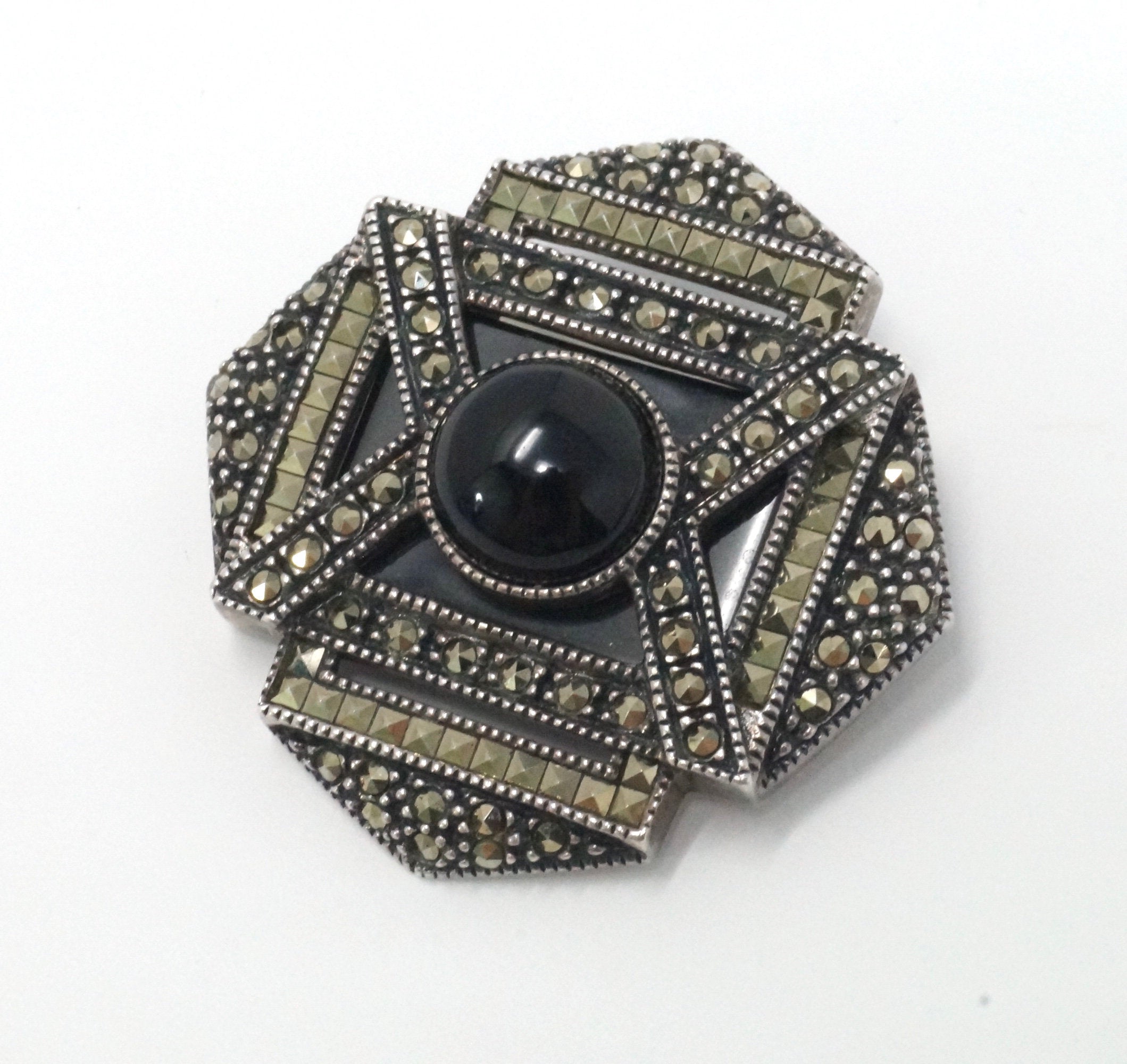 Vintage Designer Judith Jack Black Onyx Marcasite Sterling Silver Pin Brooch -