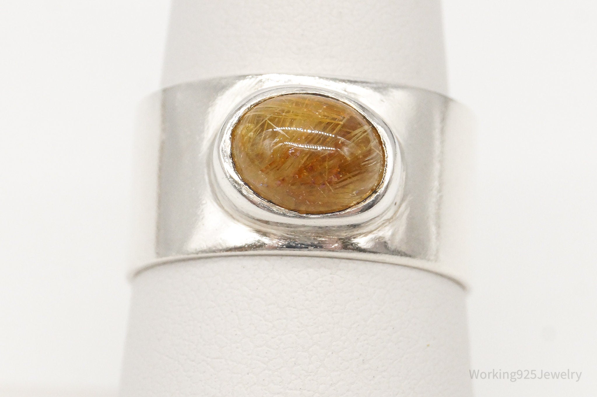 Vintage Golden Rutilated Quartz Silver Ring - Size 7.75