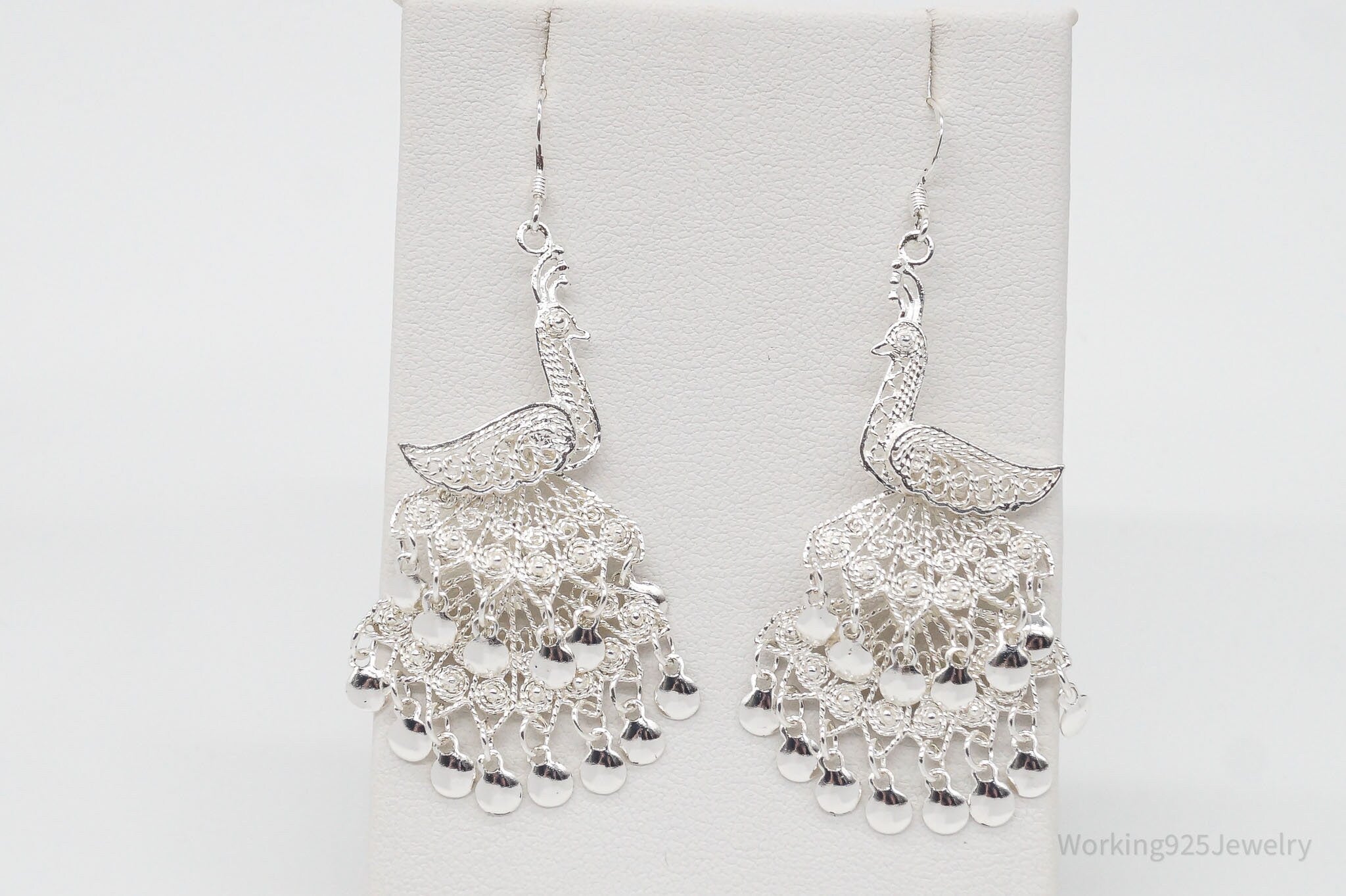 Vintage Filigree Peacock Chandelier Sterling Silver Earrings