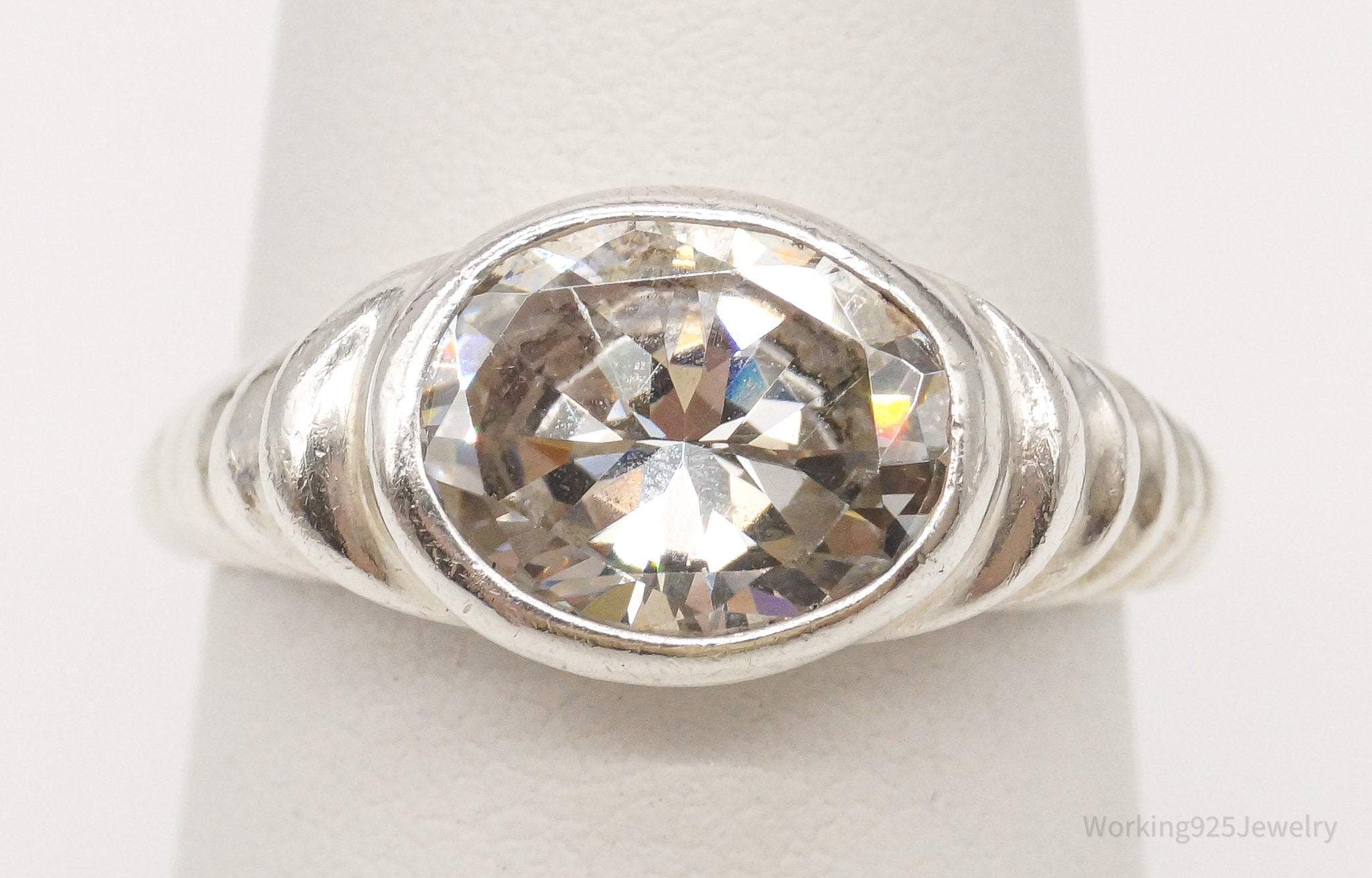 Vintage Large Cubic Zirconia Sterling Silver Ring - Size 6