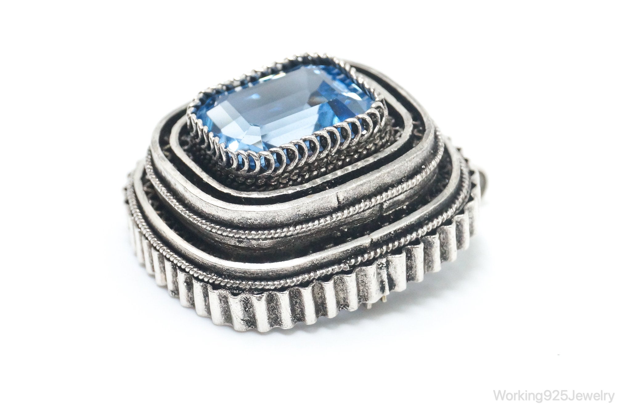 Large Vintage Art Deco Blue Topaz Sterling Silver Brooch Pendant