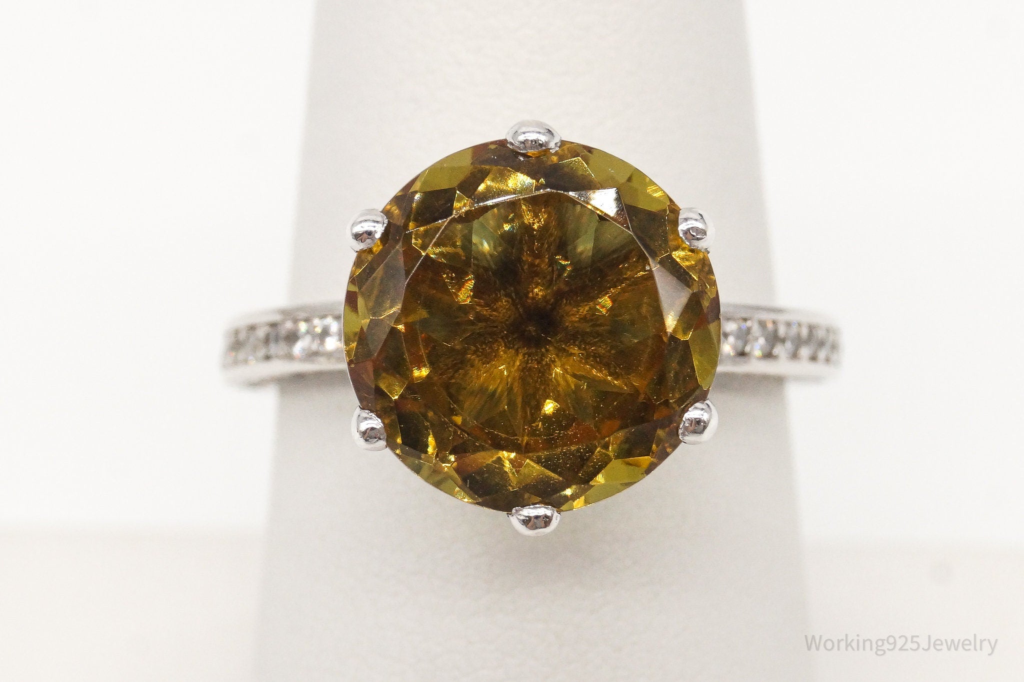 Vintage Large Citrine Cubic Zirconia Sterling Silver Ring Size 7.25