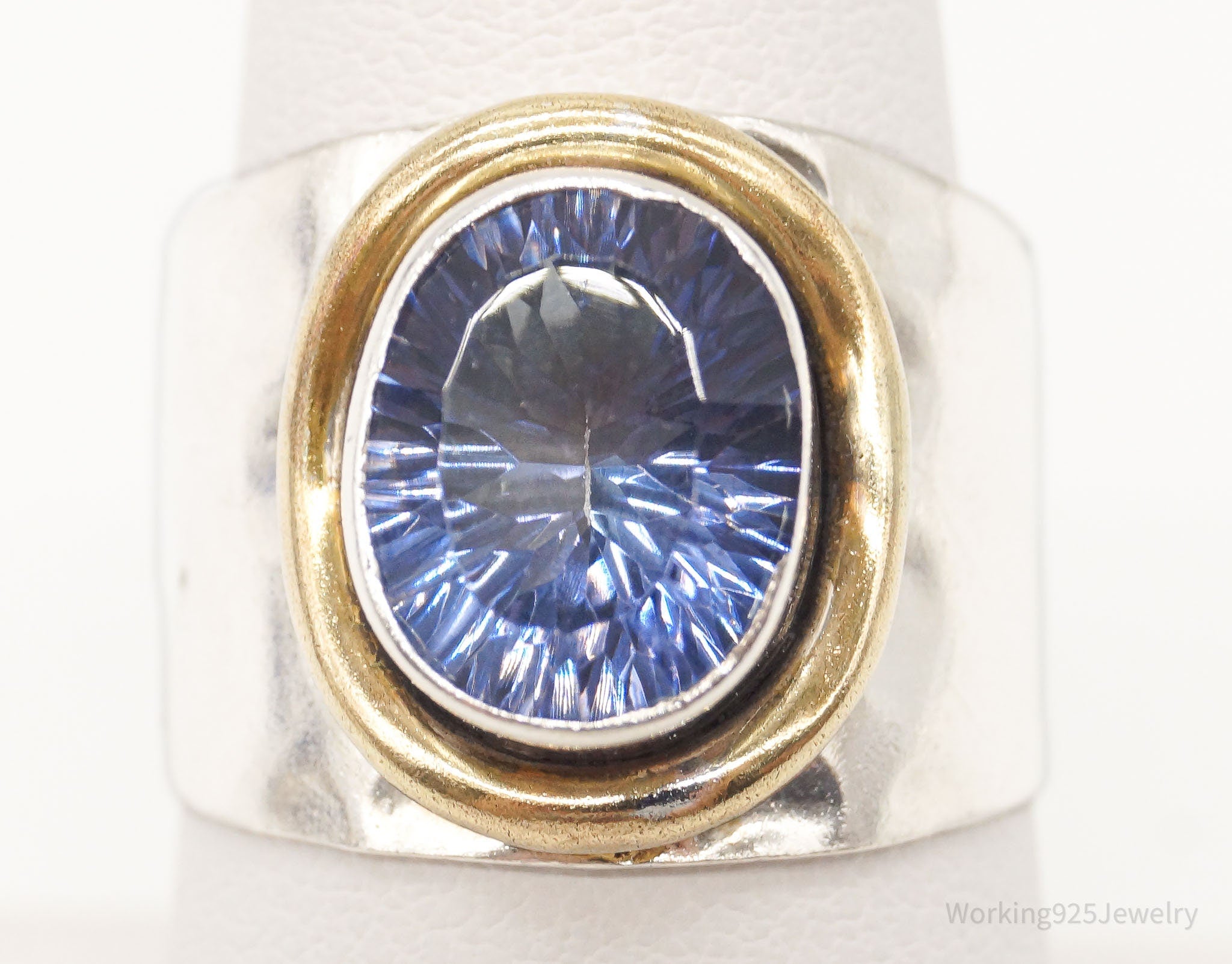 Vintage Large Blue Mystic Quartz Brass Sterling Silver Ring - 7.75