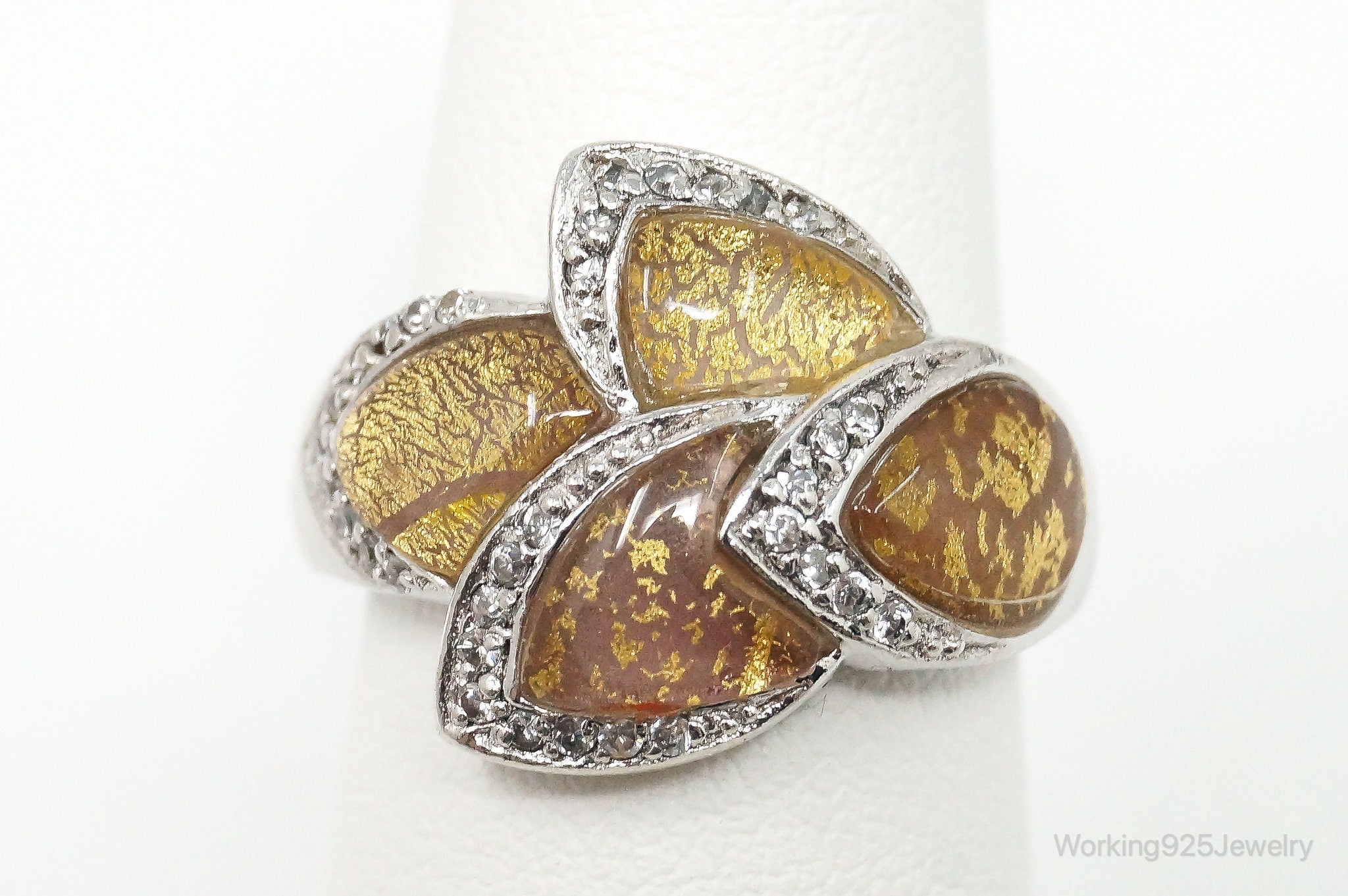 Cubic Zirconia Golden Foil Sterling Silver Ring - Size 5.25