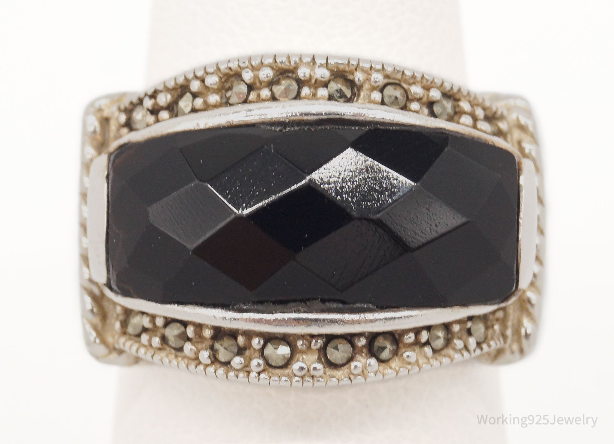 Vintage Art Deco Style Marcasite Black Onyx Sterling Silver Ring - SZ 5.75