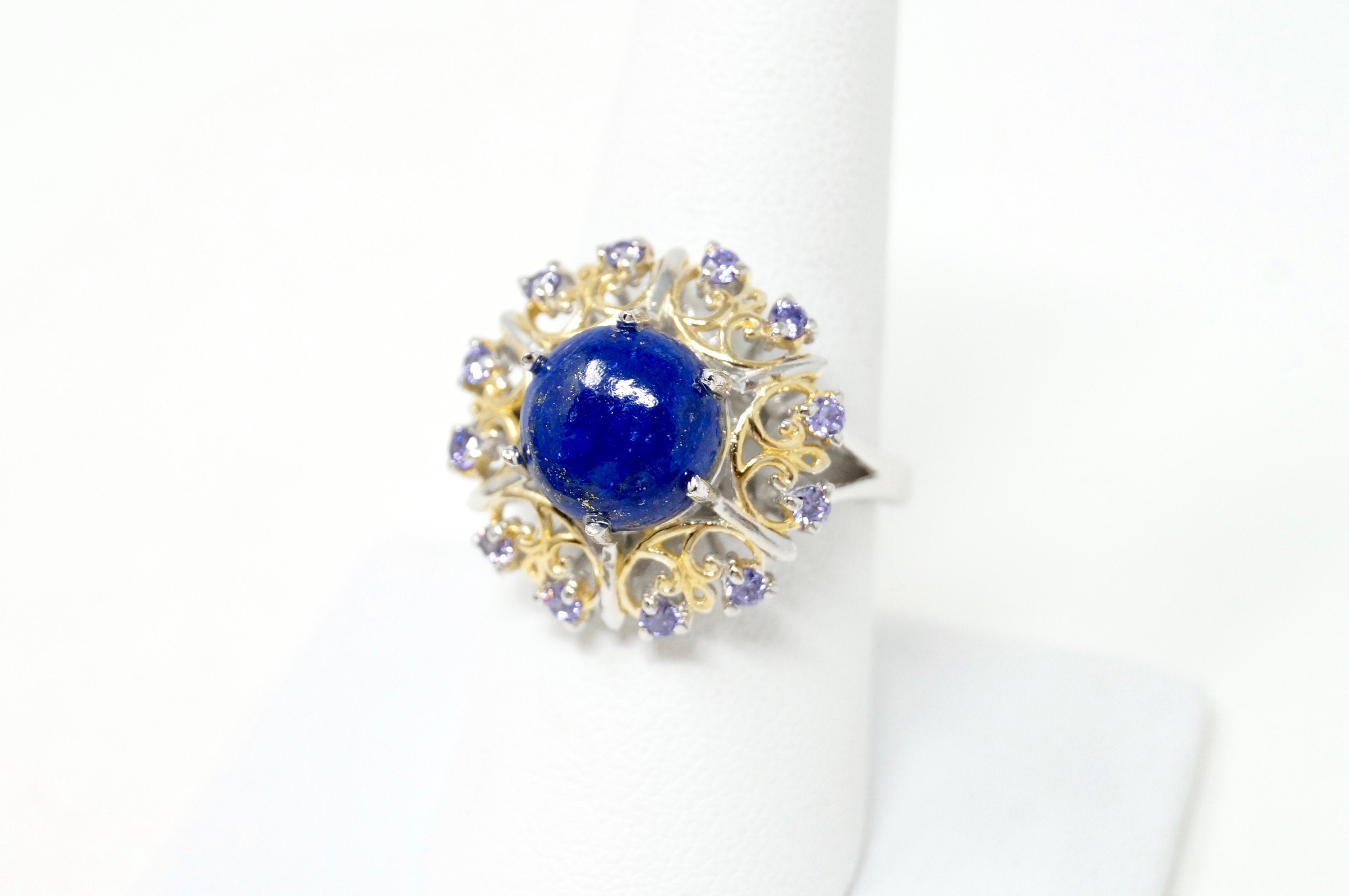 Vintage Karis Blue Lapis Lazuli Amethyst Gold Wash Deco Sterling Silver Ring Sz8