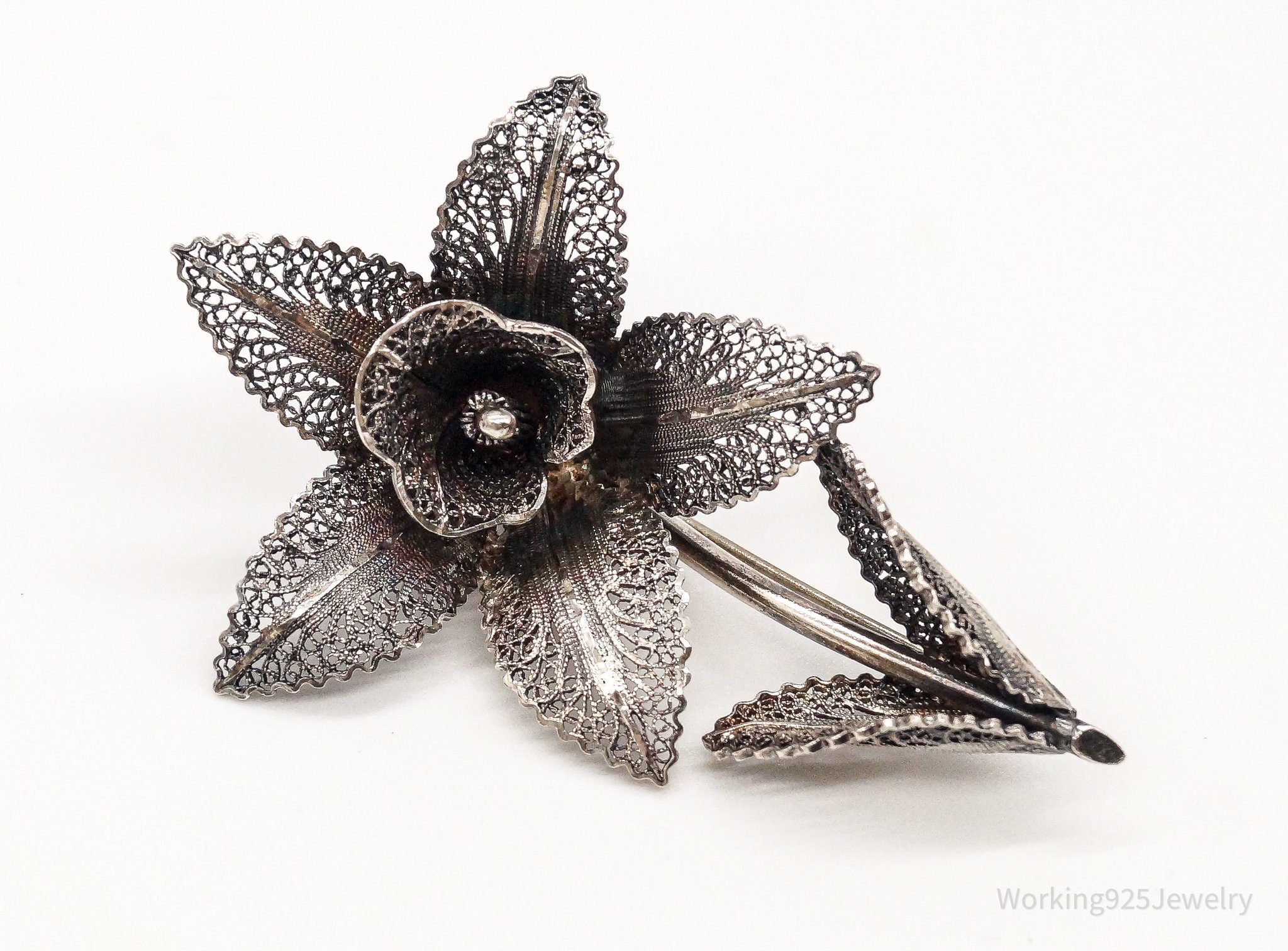 Large Antique Filigree Flower Silver Brooch Pin