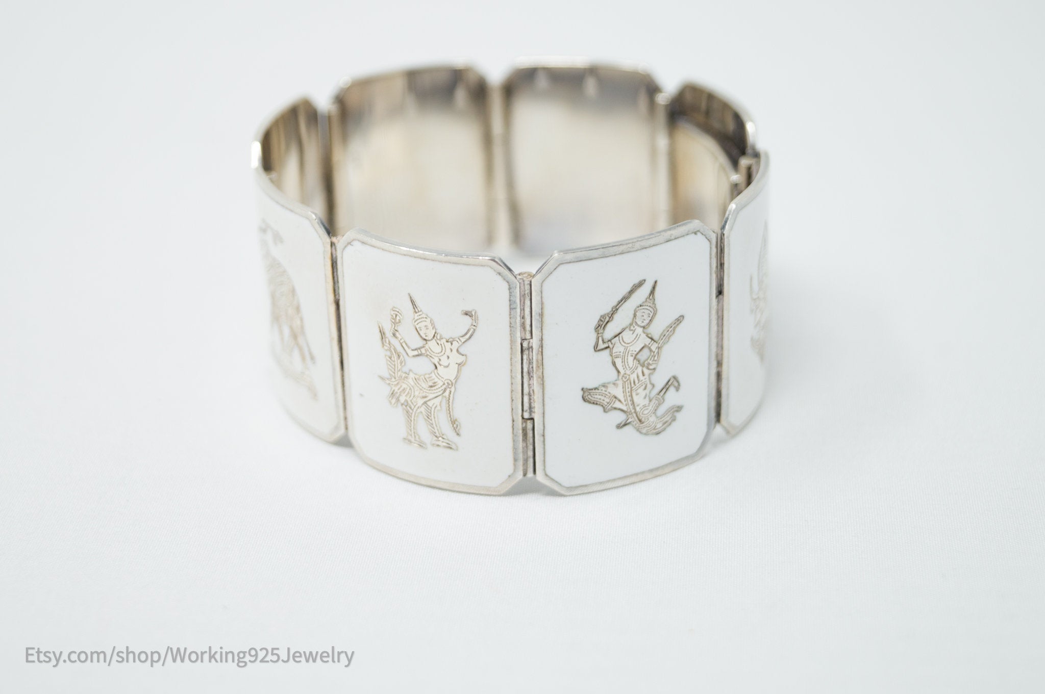 Rare Vintage Siam Niello Sterling Silver Dancer Panel White Enamel Bracelet