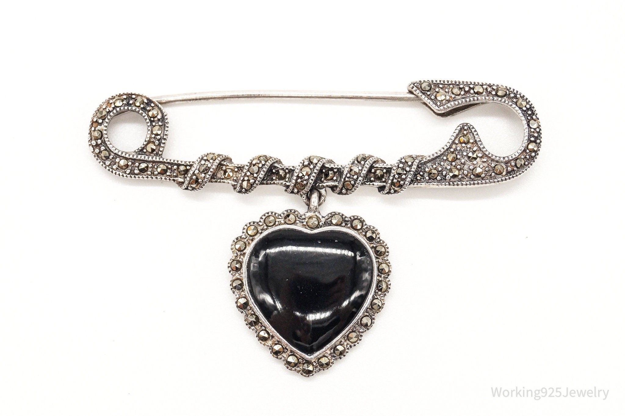 Vintage Black Onyx Marcasite Art Deco Heart Sterling Silver Pin Brooch