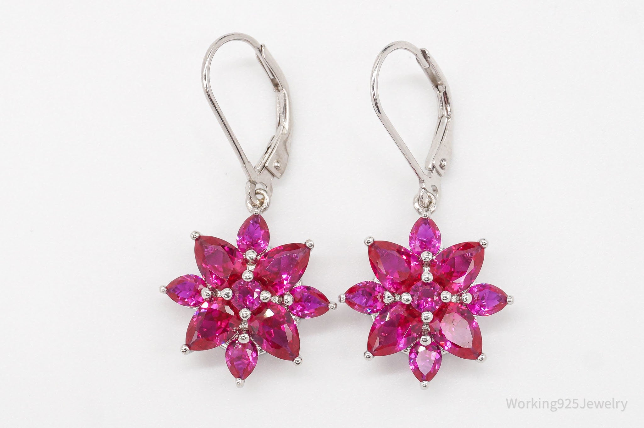 Designer BBJ Lab Ruby Rhodium Over Sterling Silver Flowers Earrings