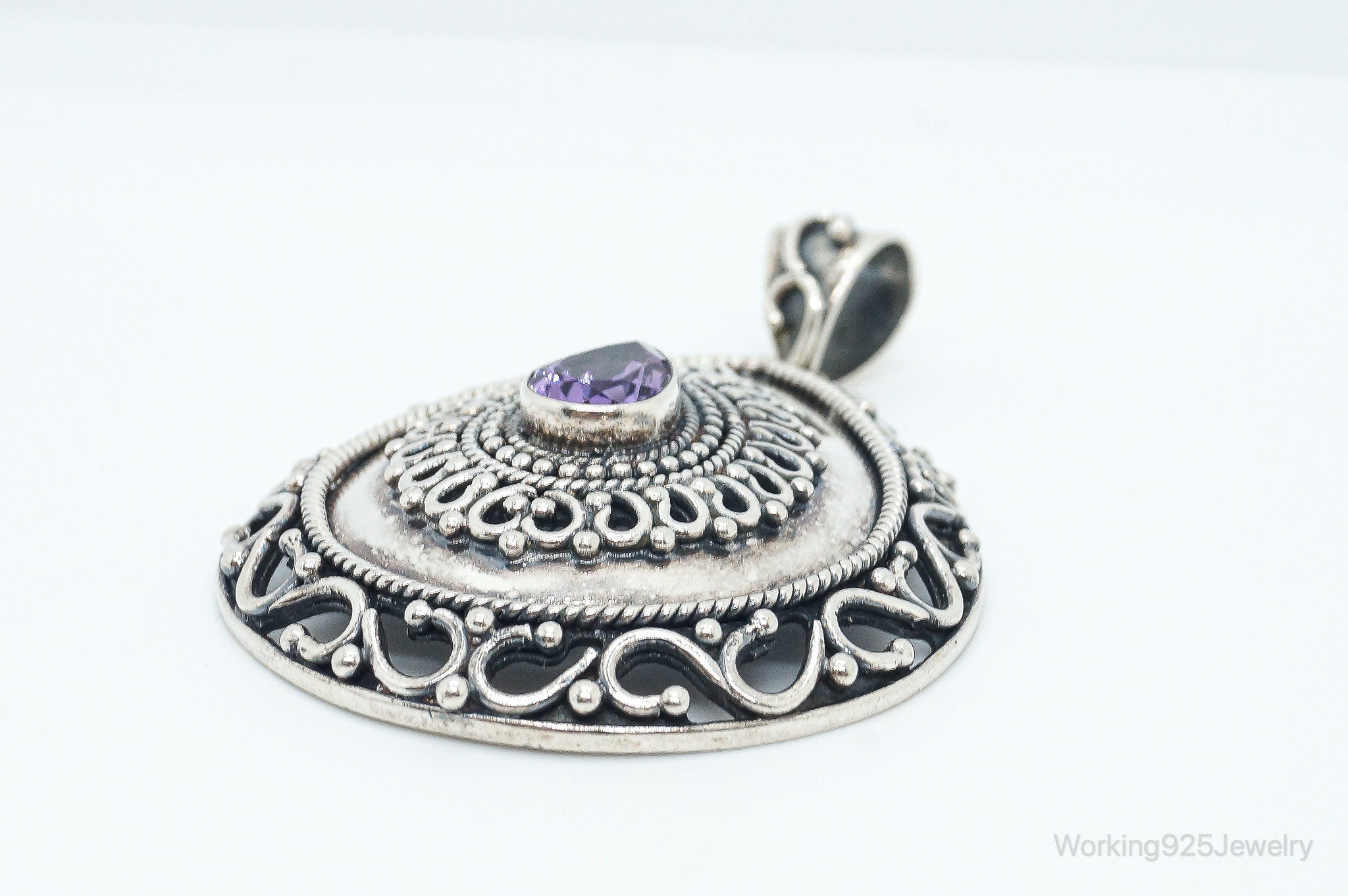 Designer Large Amethyst Bali Inspired Sterling Silver Pendant