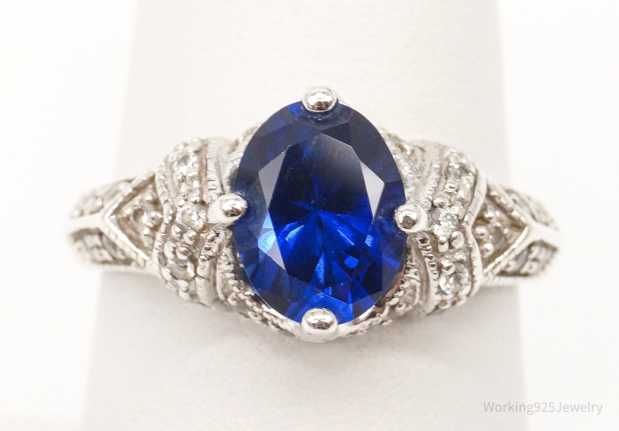 Vintage Lab Sapphire Cubic Zirconia Sterling Silver Ring - Size 6.75