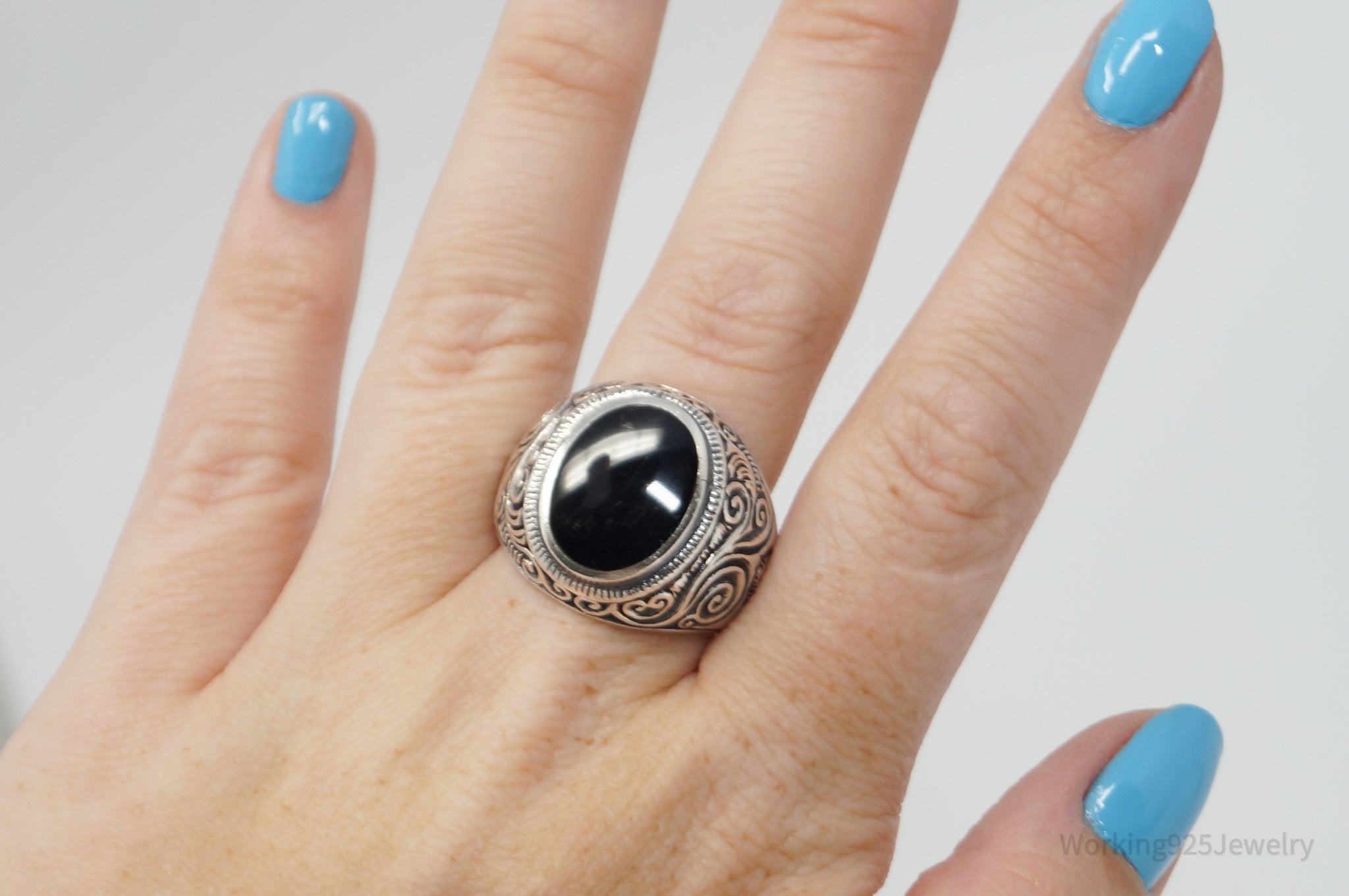 Large Vintage Black Onyx Etched Scroll Sterling Silver Ring - Sz 12