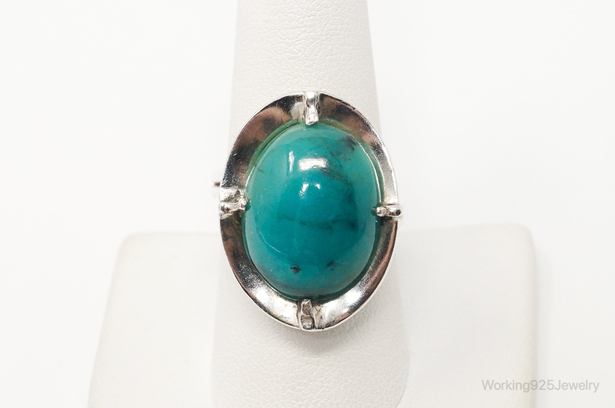 Vintage Large Blue Peruvian Opal Sterling Silver Statement Ring - Size 9.5