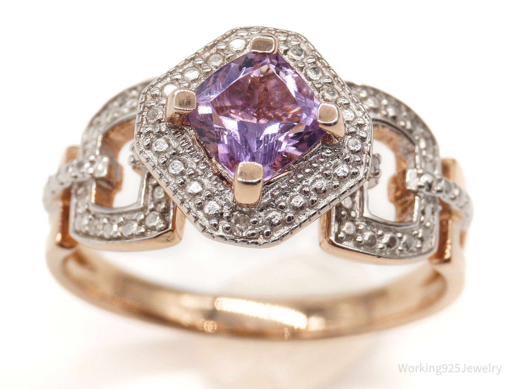 Designer KYJ Amethyst Single Diamond Gold Vermeil Sterling Silver Ring Size 10