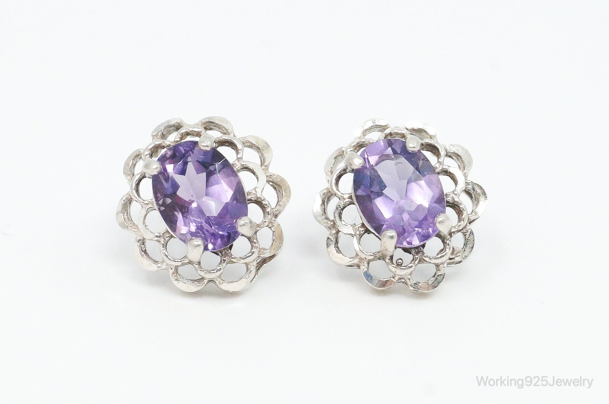 Vintage Amethyst Flower Sterling Silver Earrings