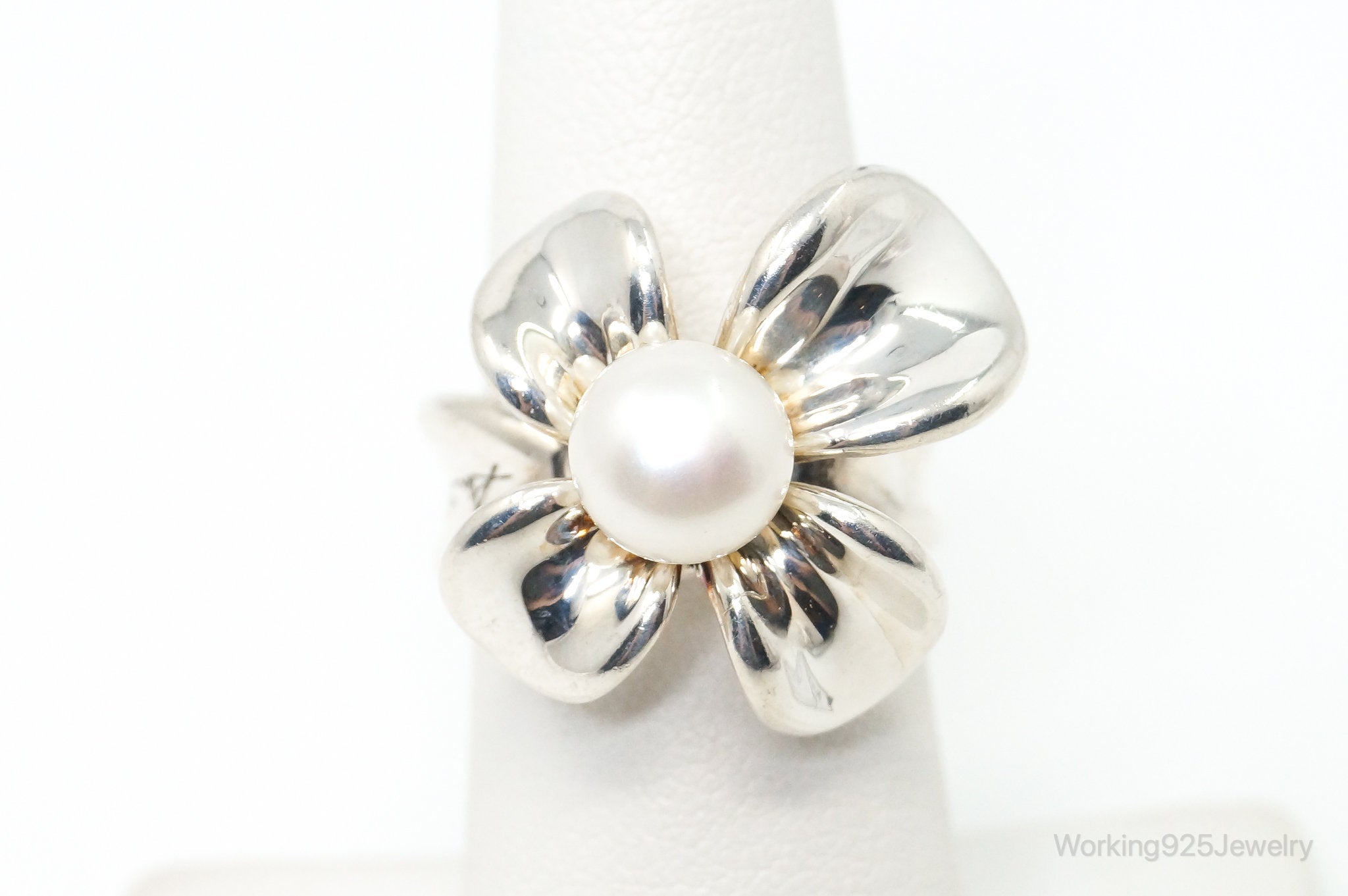 Vintage Designer Ann King Flower Pearl Sterling Silver Ring Size 6