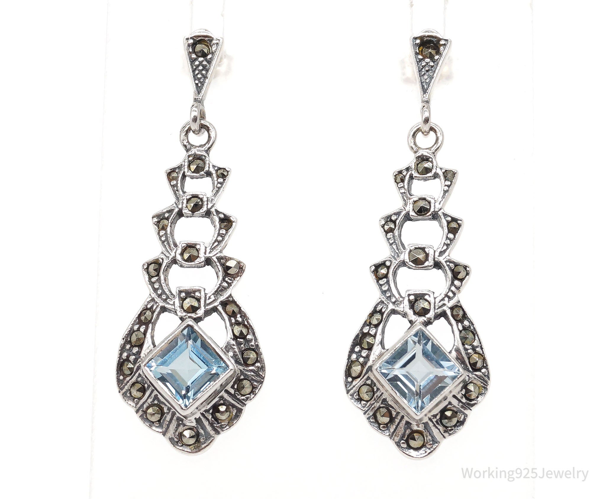 Vintage Blue Topaz Marcasite Sterling Silver Earrings