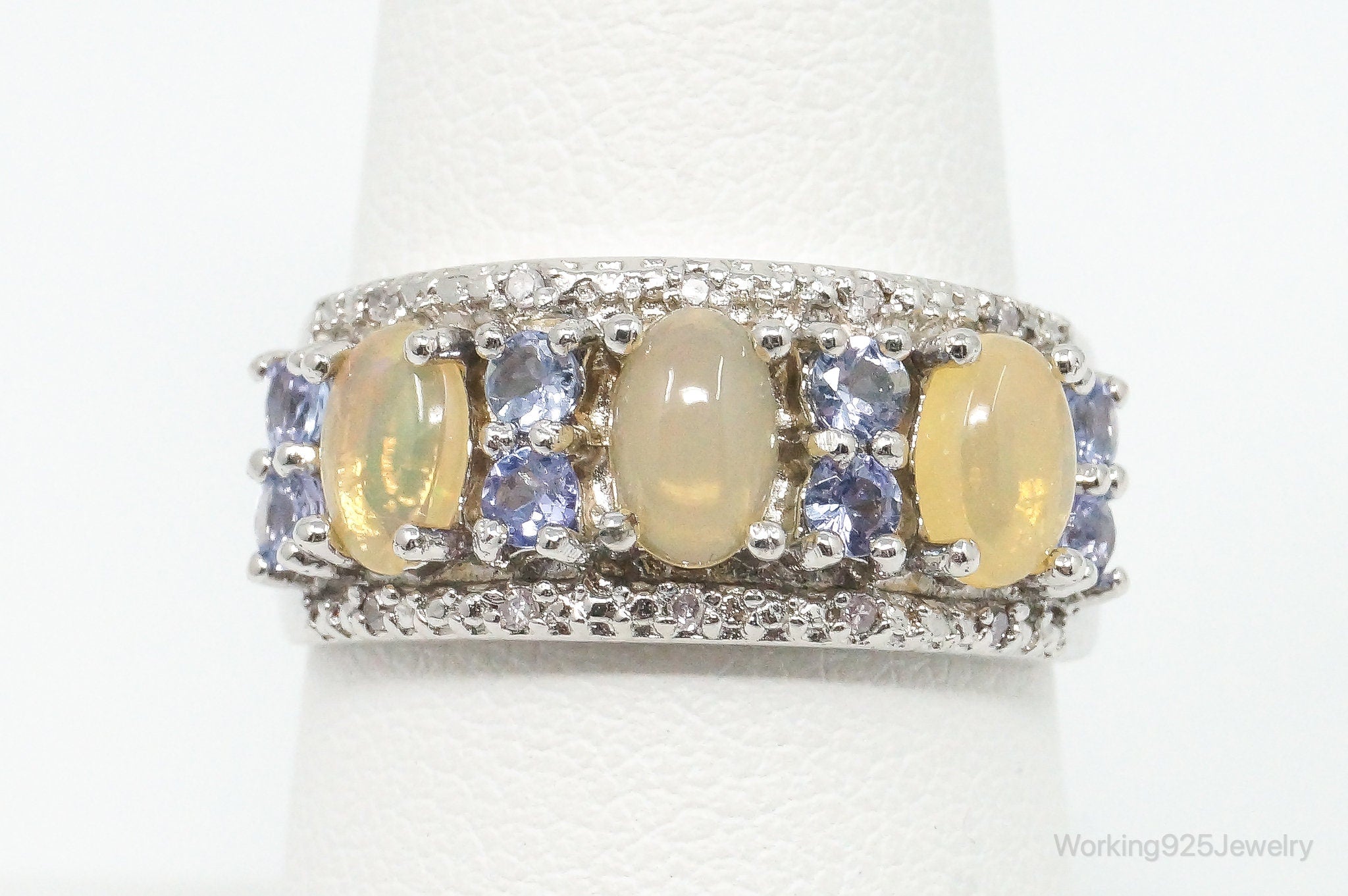 Designer Yellow Opalite Iolite Cubic Zirconia Sterling Silver Ring Size 8