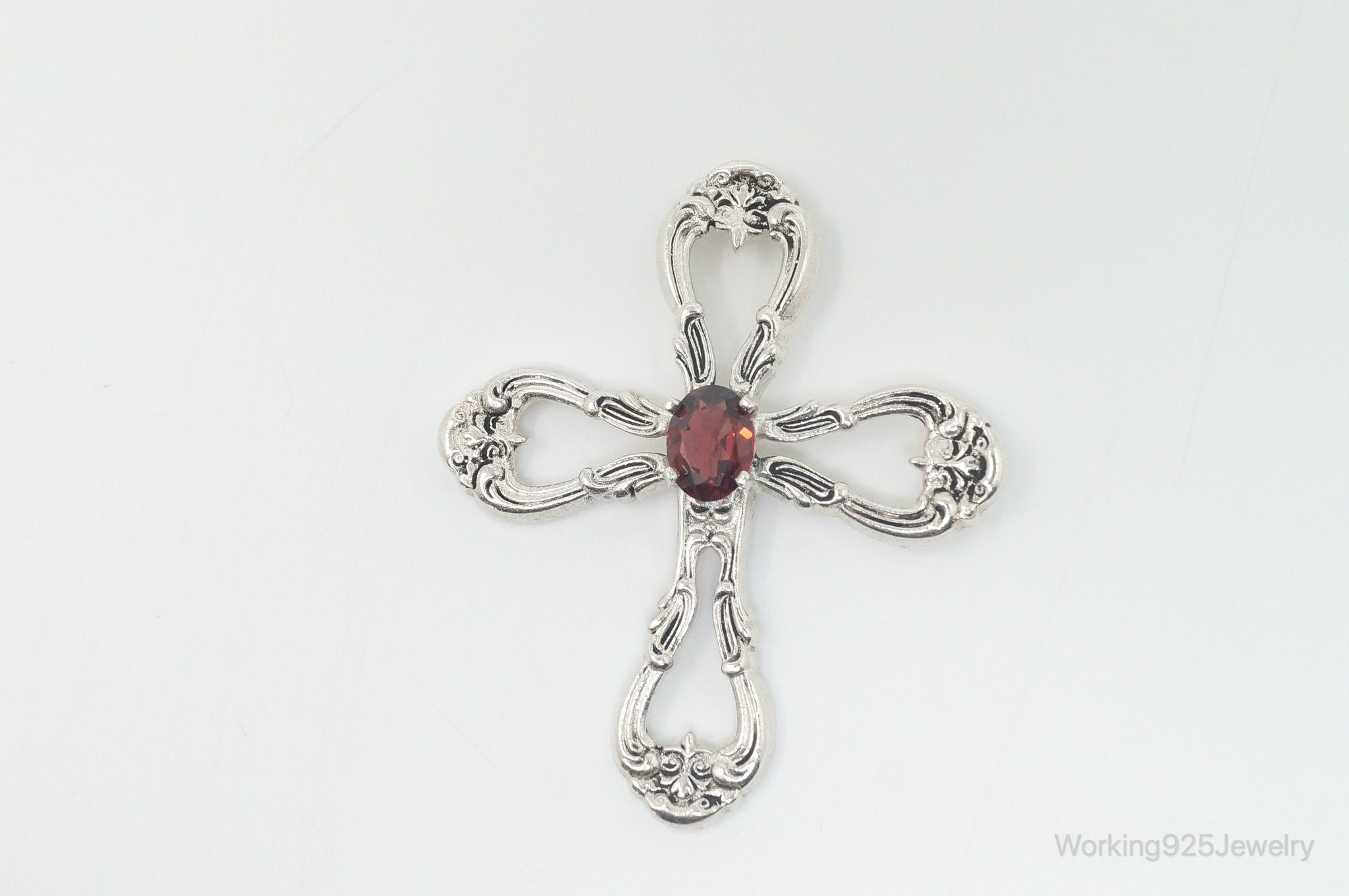 Vintage Designer Gorham Garnet Ornate Sterling Silver Cross Necklace Pendant