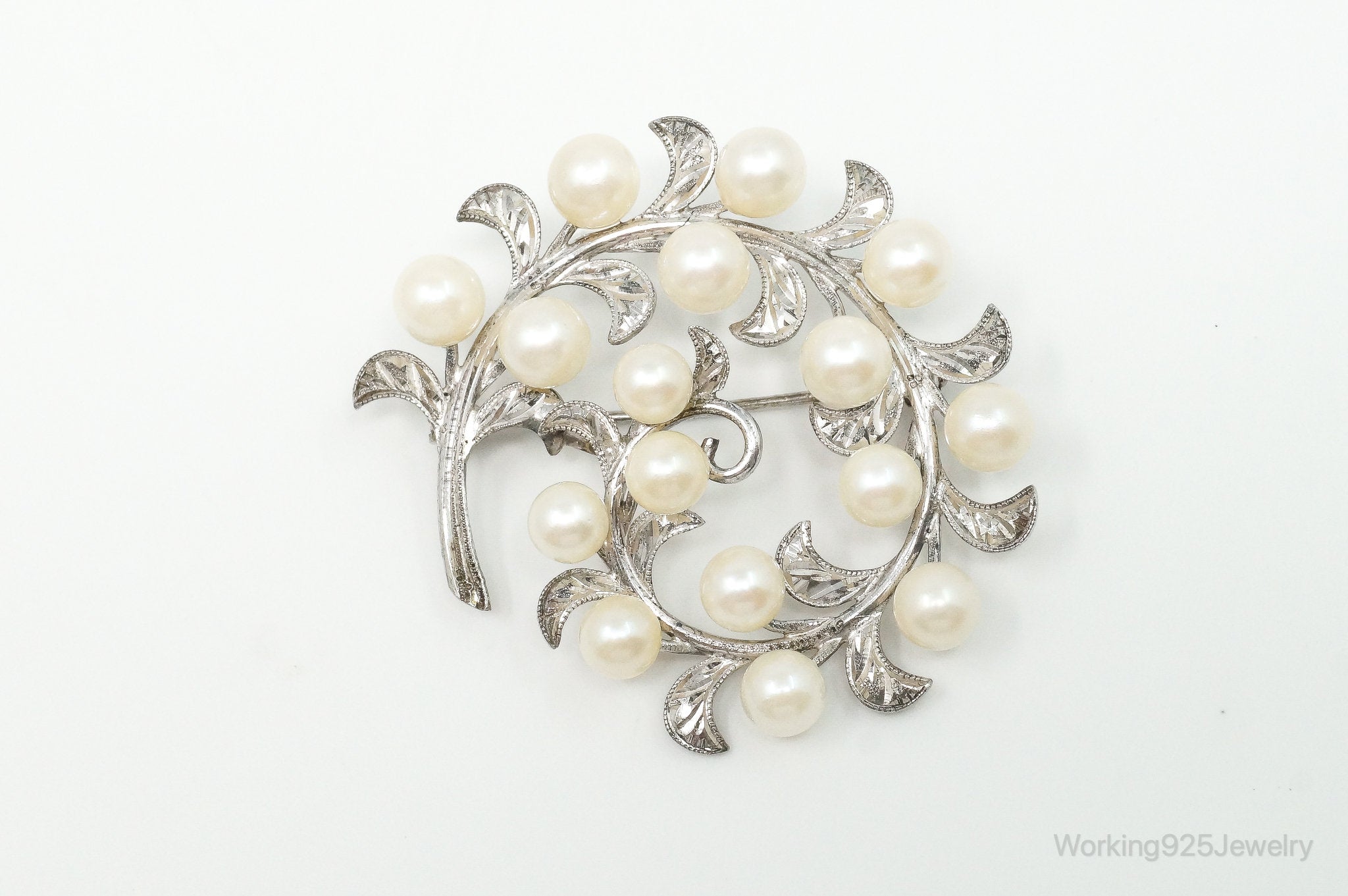 Large Antique Faux Pearl Sterling Silver Brooch Pin