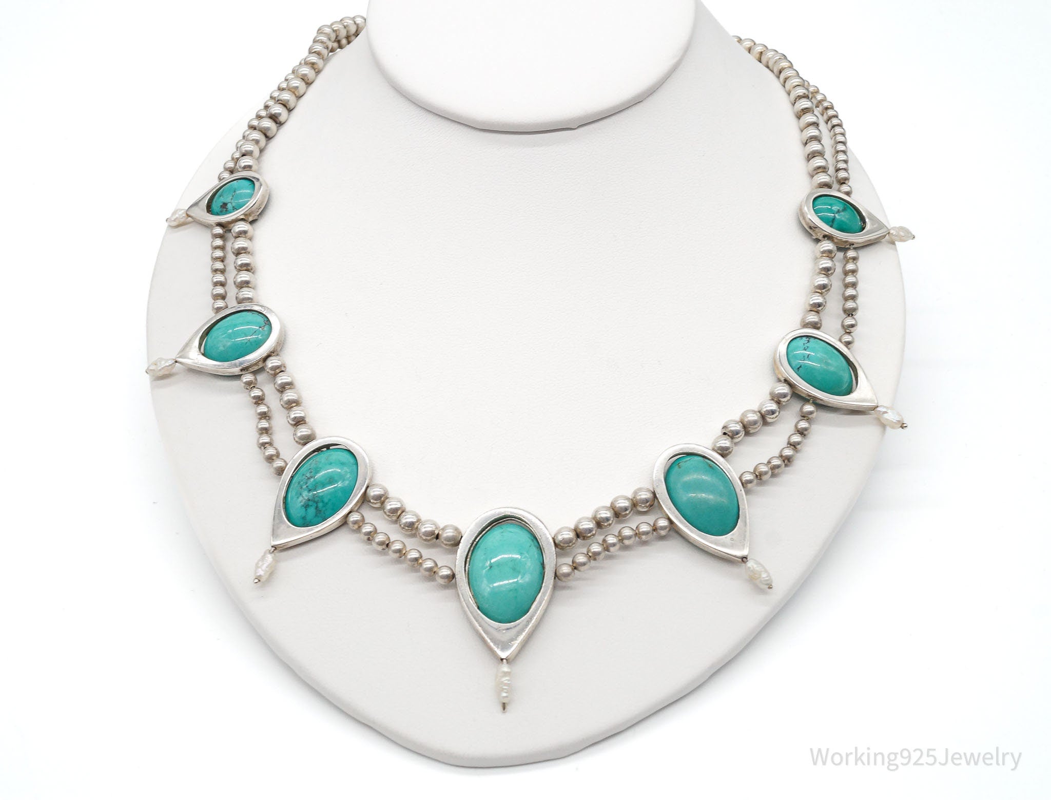 Vintage Designer Carolyn Pollack Turquoise Sterling Silver Bead Necklace