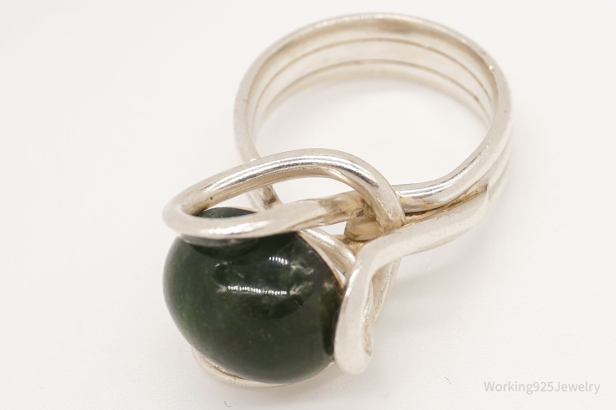 Vintage Green Emerald Modernist Silver Ring - Size 6.75