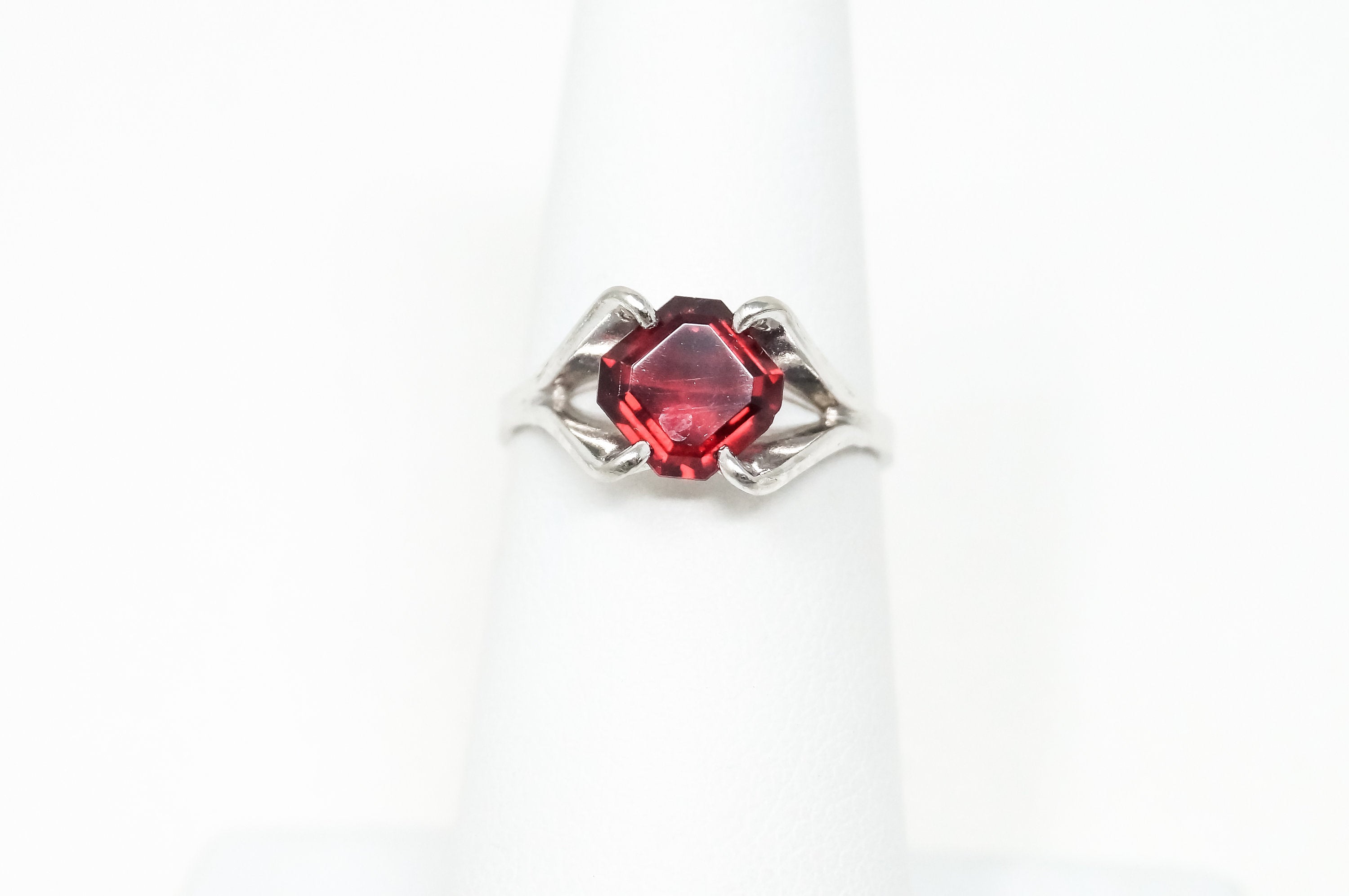 Vintage Designer Joseph Esposito Espo Red Glass Sterling Silver Ring Size 5.75