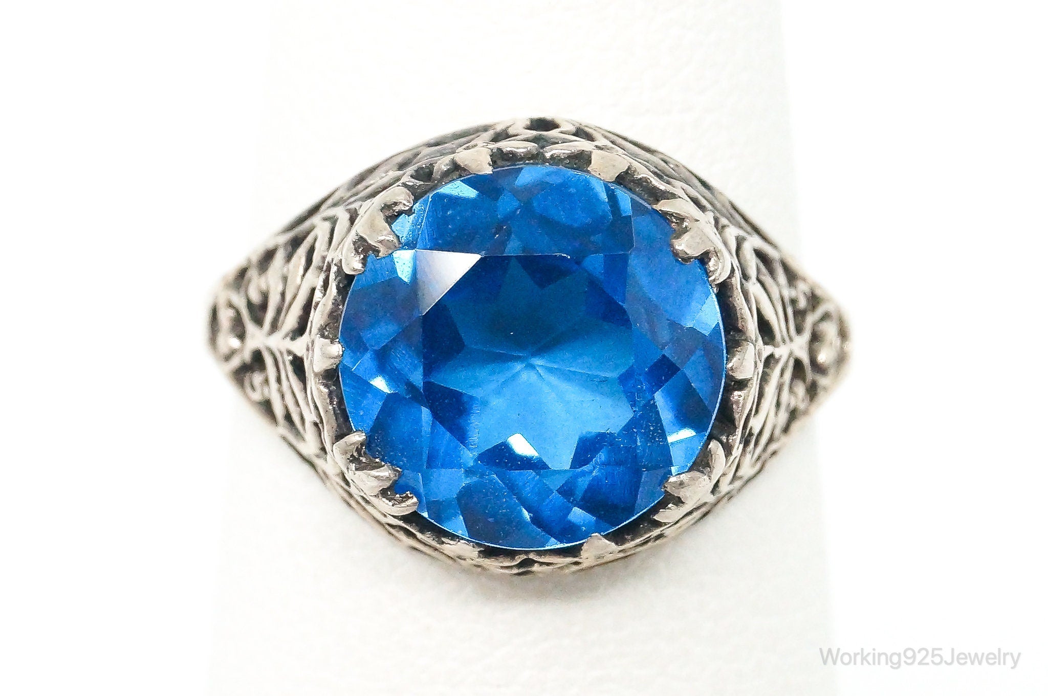 Antique Bright Blue Glass Round Solitaire Sterling Silver Ring Size 5.75