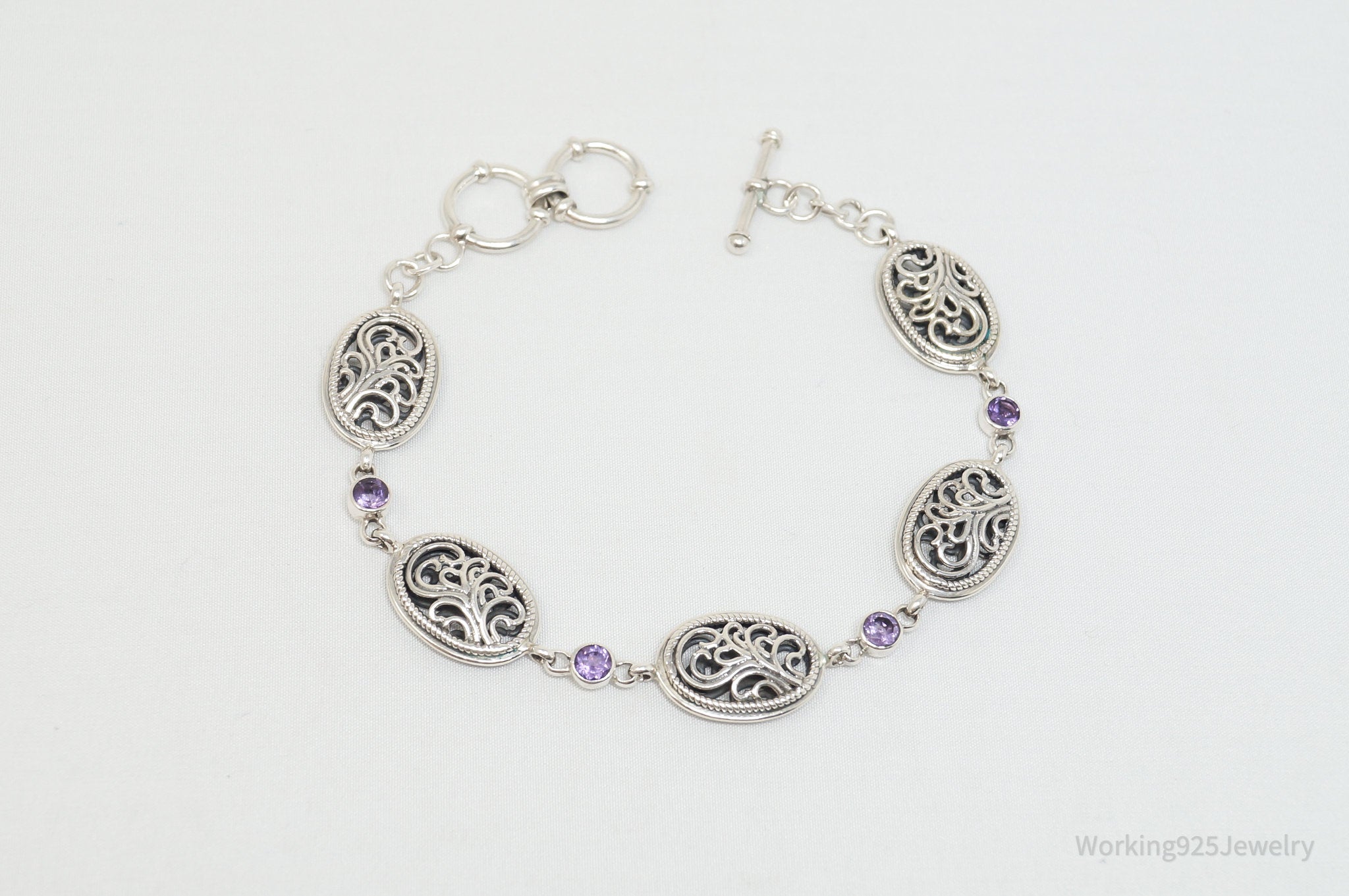 Vintage Amethyst Filigree Scroll Style Sterling Silver Bracelet