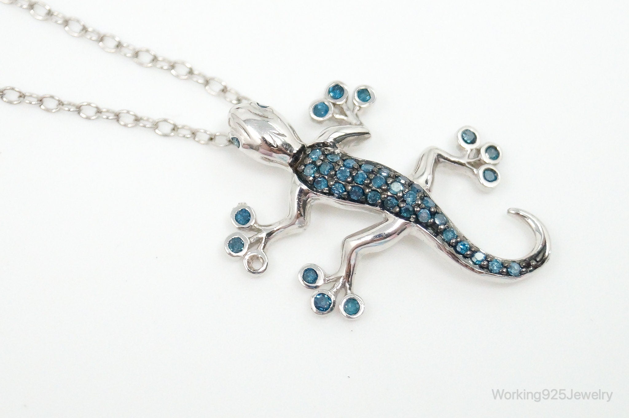 Blue Diamonds Gecko Sterling Silver Necklace