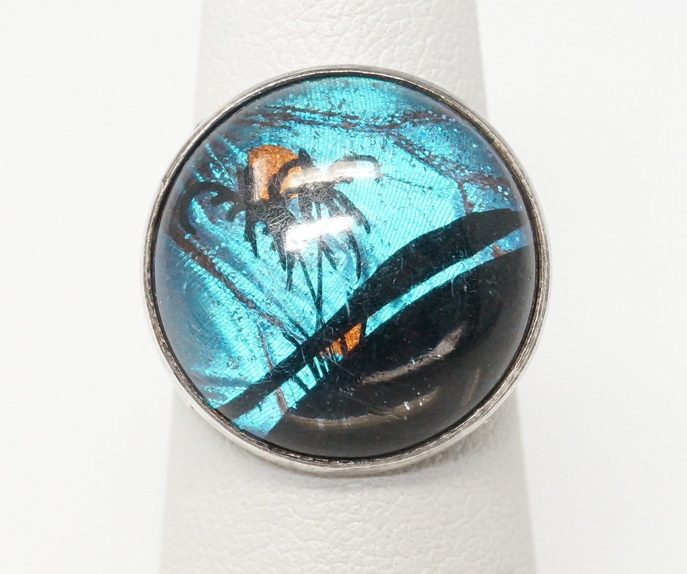 Antique Glass Butterfly Wing Beach Scene Sterling Silver Ring - Sz 6