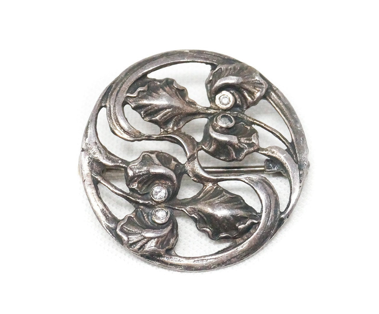 Antique Art Nouveau Motif Floral CZ Sterling Silver Brooch Pin