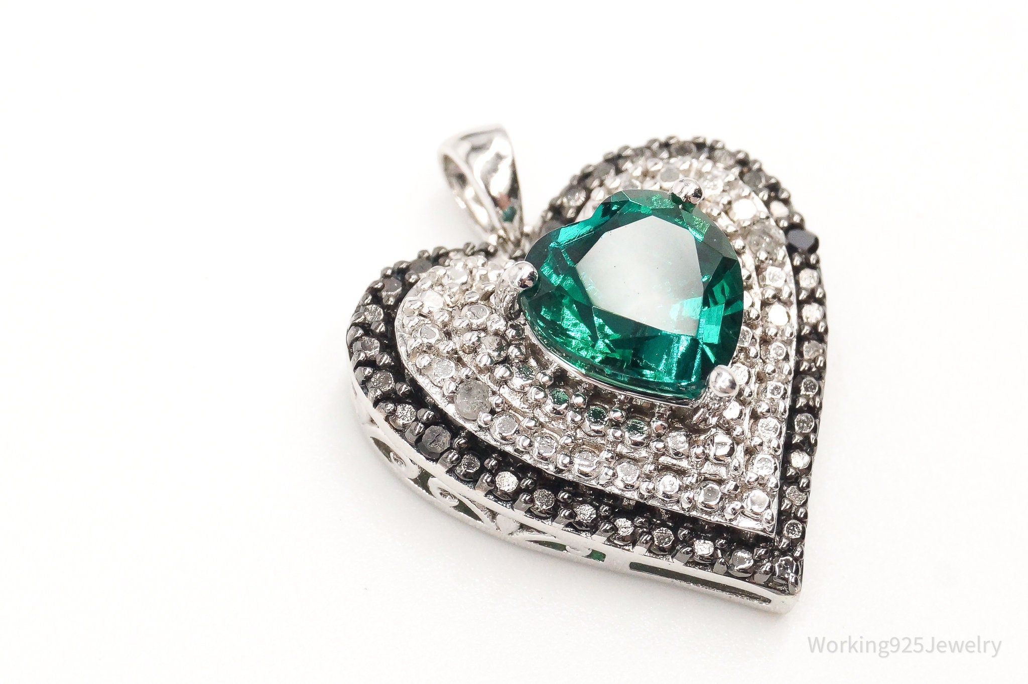 Vintage Green Topaz 2 White & 2 Black Diamond Heart Sterling Silver Pendant