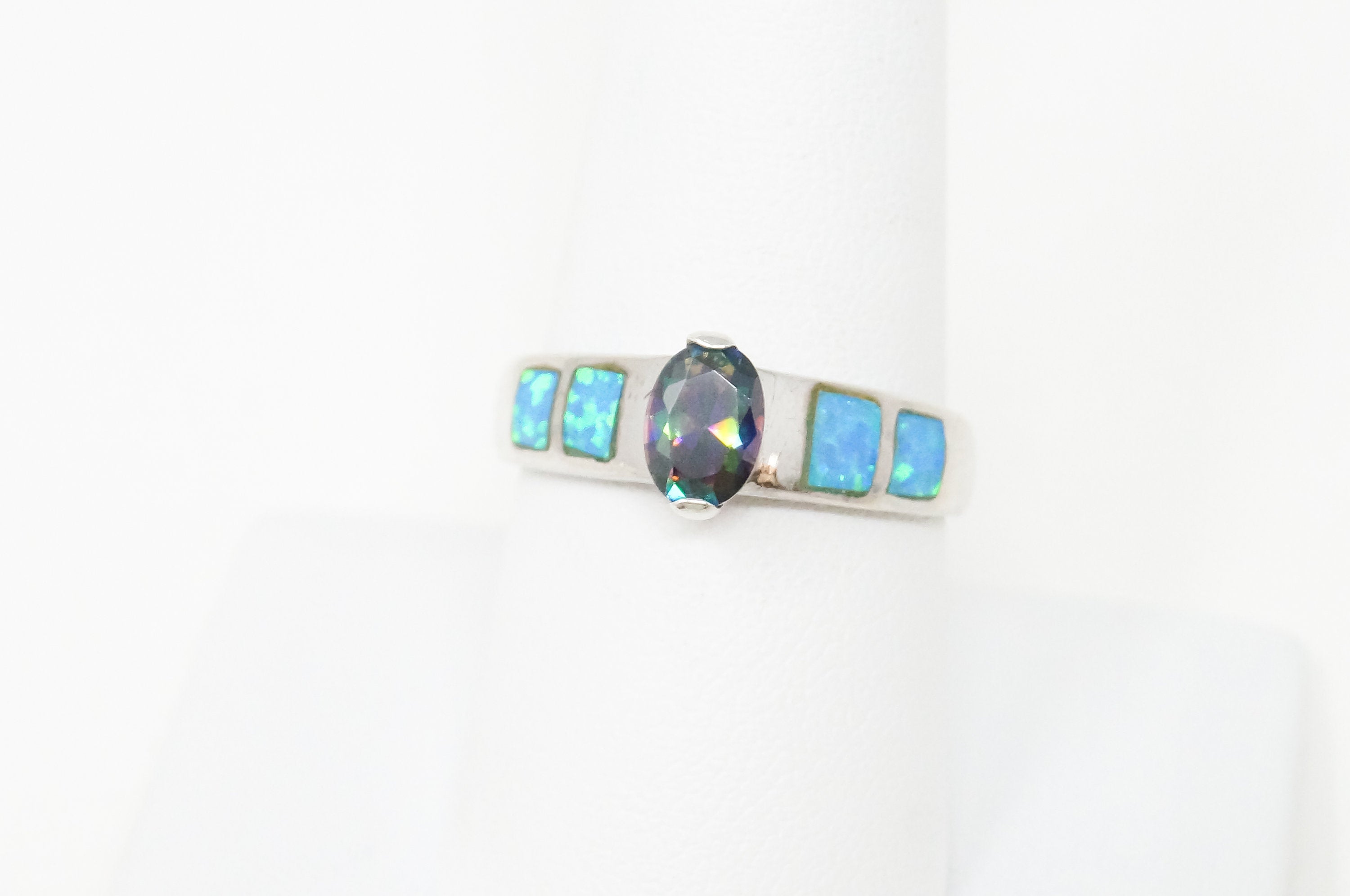 Vintage Art Deco Mystic Topaz Blue Fire Opal Sterling Silver Ring - SZ 8.5